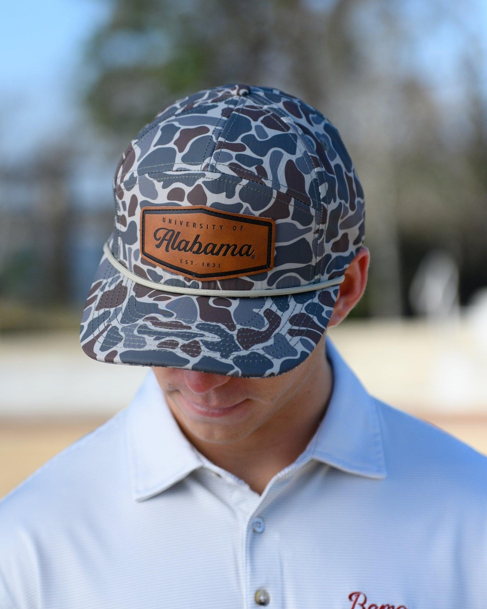 University of Alabama Camo Hat with White rope and Leather patch with text "University of Alabama"