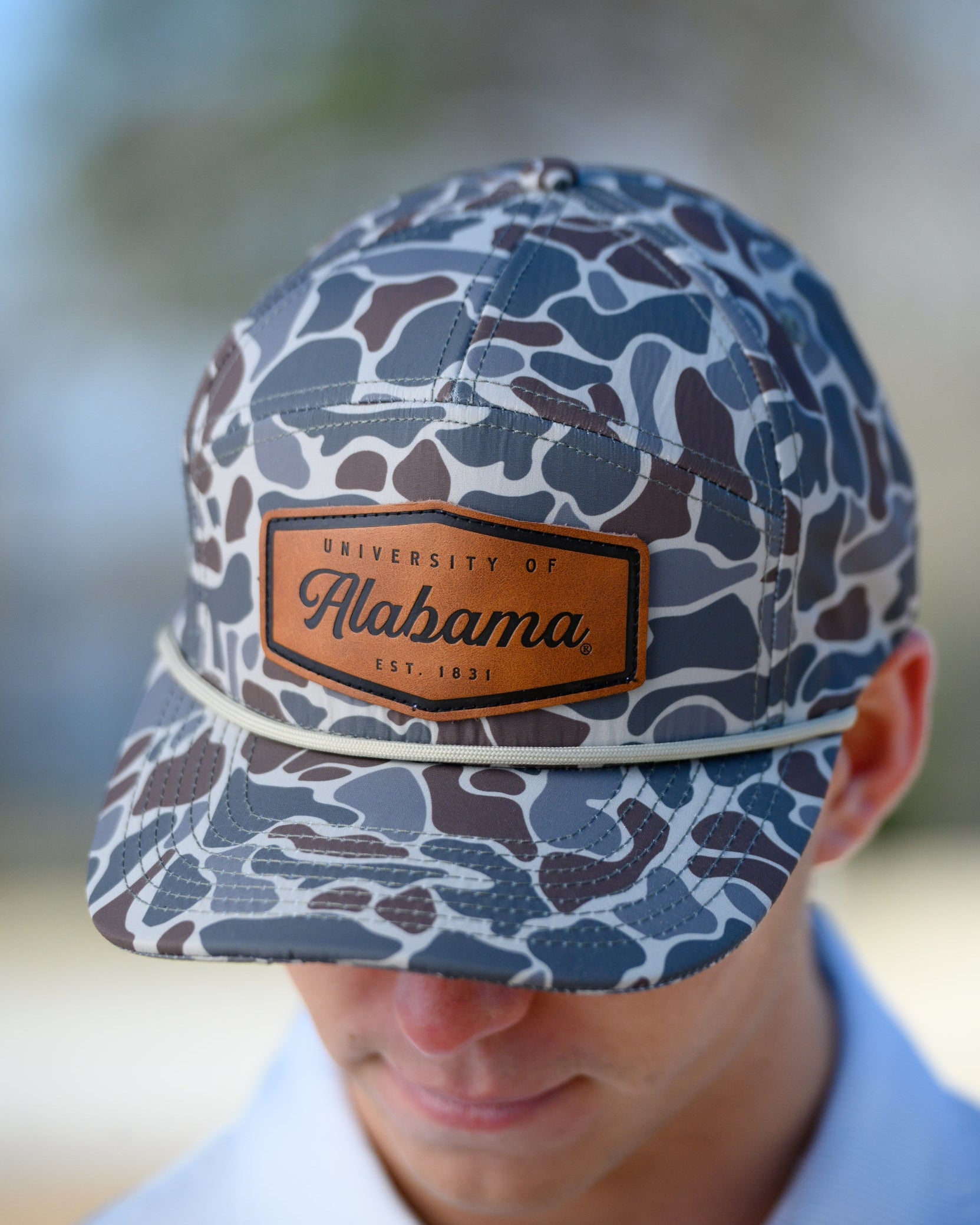University of Alabama Camo Hat with White rope and Leather patch with text "University of Alabama"