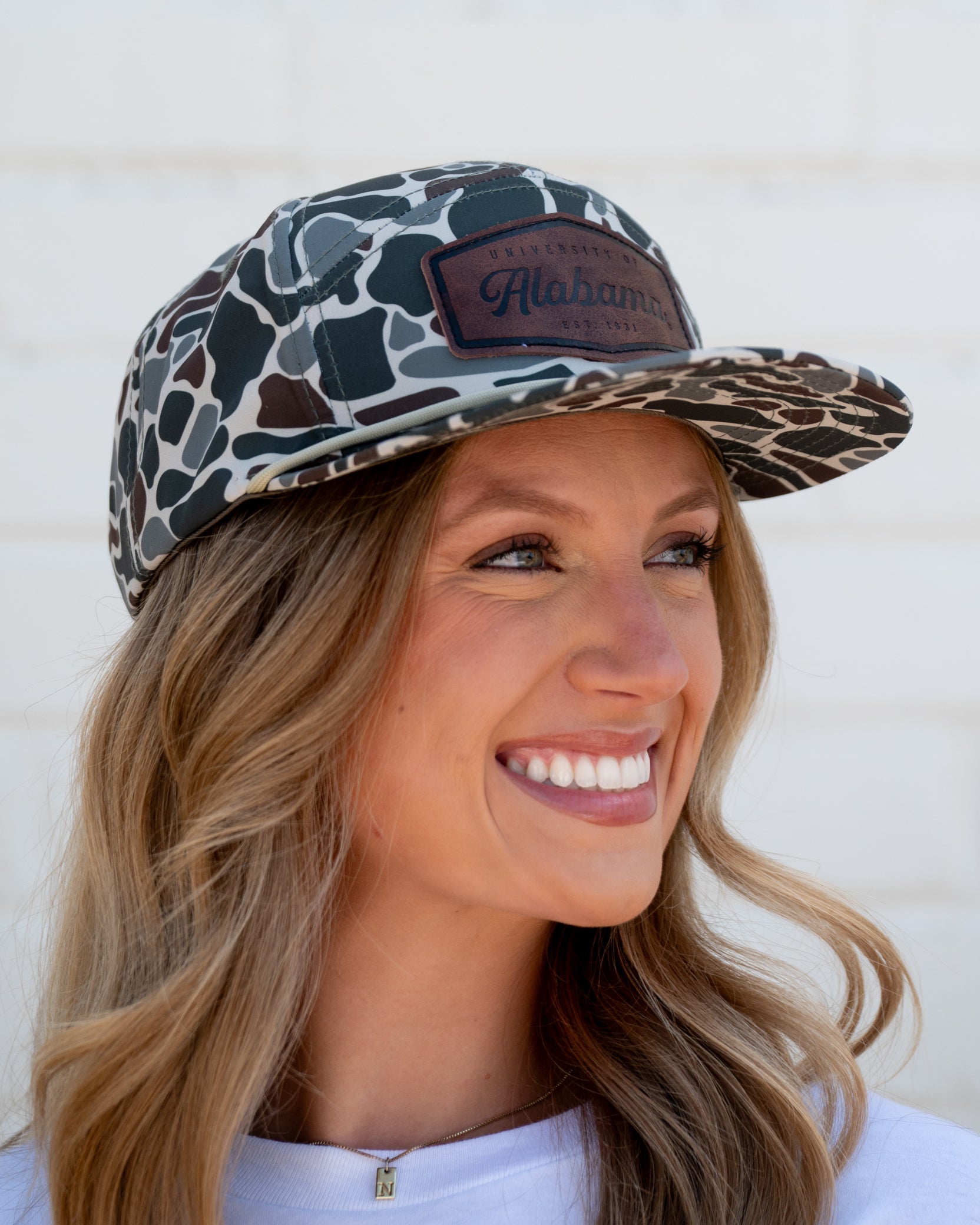 University of Alabama Camo Hat with White rope and Leather patch with text "University of Alabama"