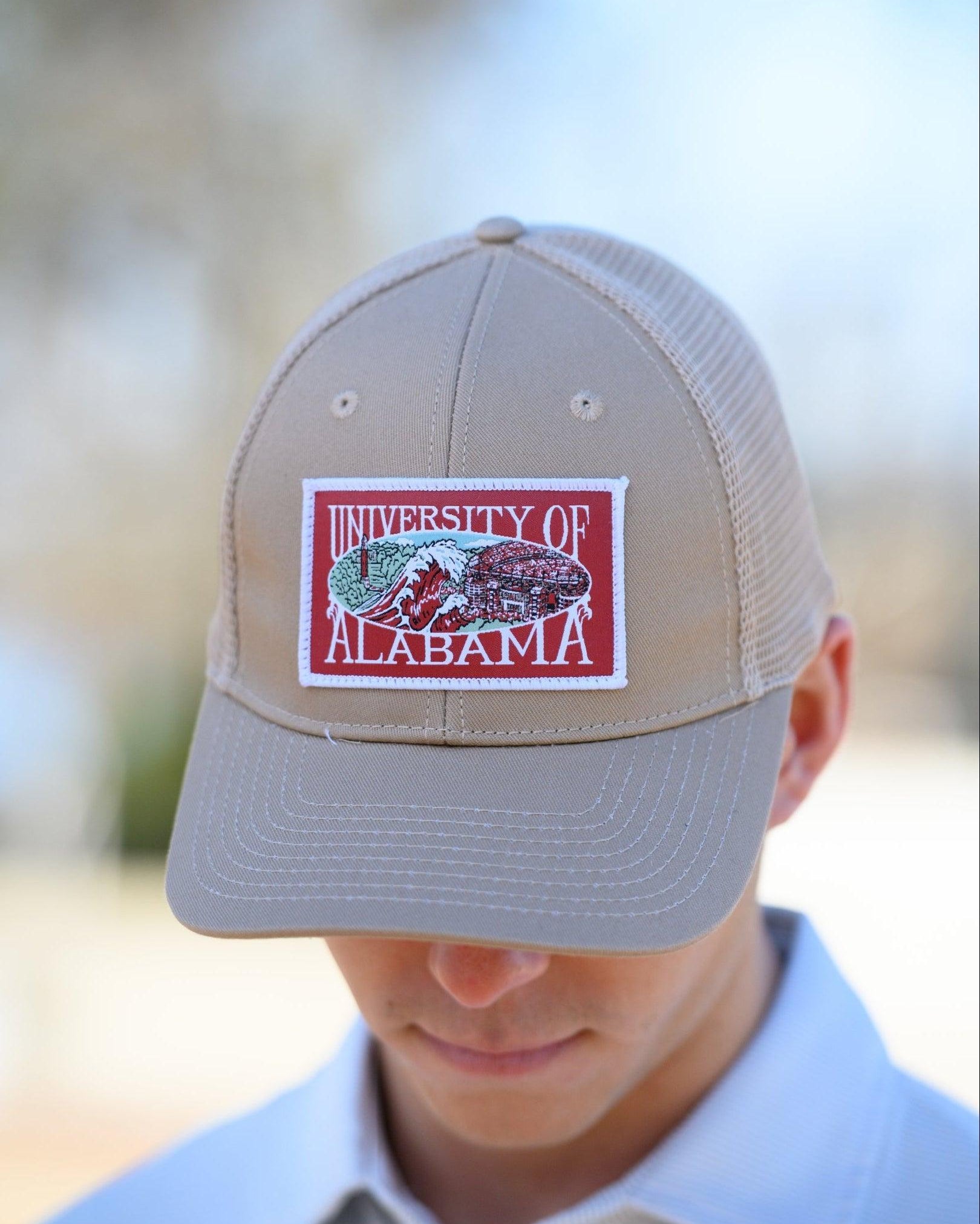 University of Alabama Beige Trucker Hat with a patch that features the University of Alabama logo.
