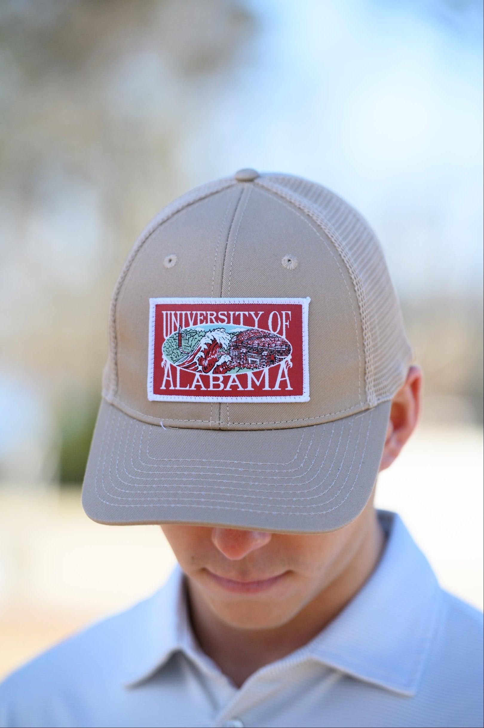 University of Alabama Beige Trucker Hat with a patch that features the University of Alabama logo.