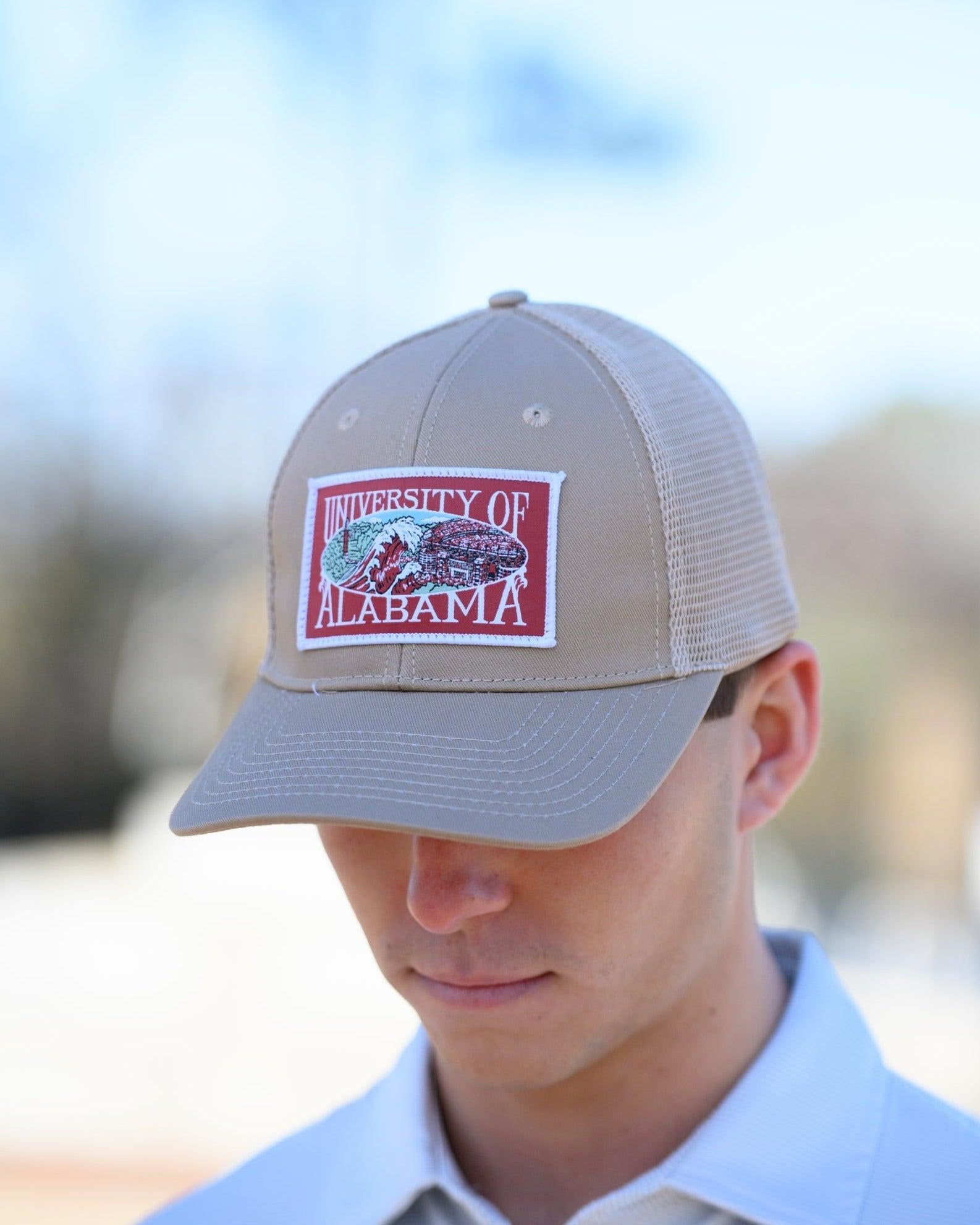 University of Alabama Beige Trucker Hat with a patch that features the University of Alabama logo.