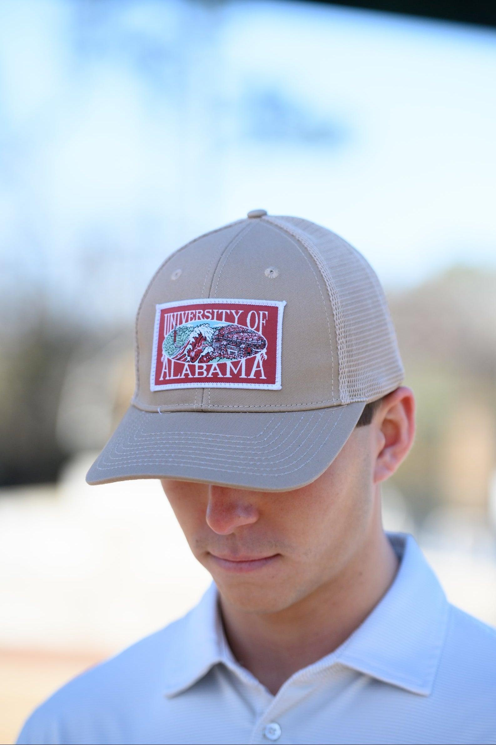 University of Alabama Beige Trucker Hat with a patch that features the University of Alabama logo.