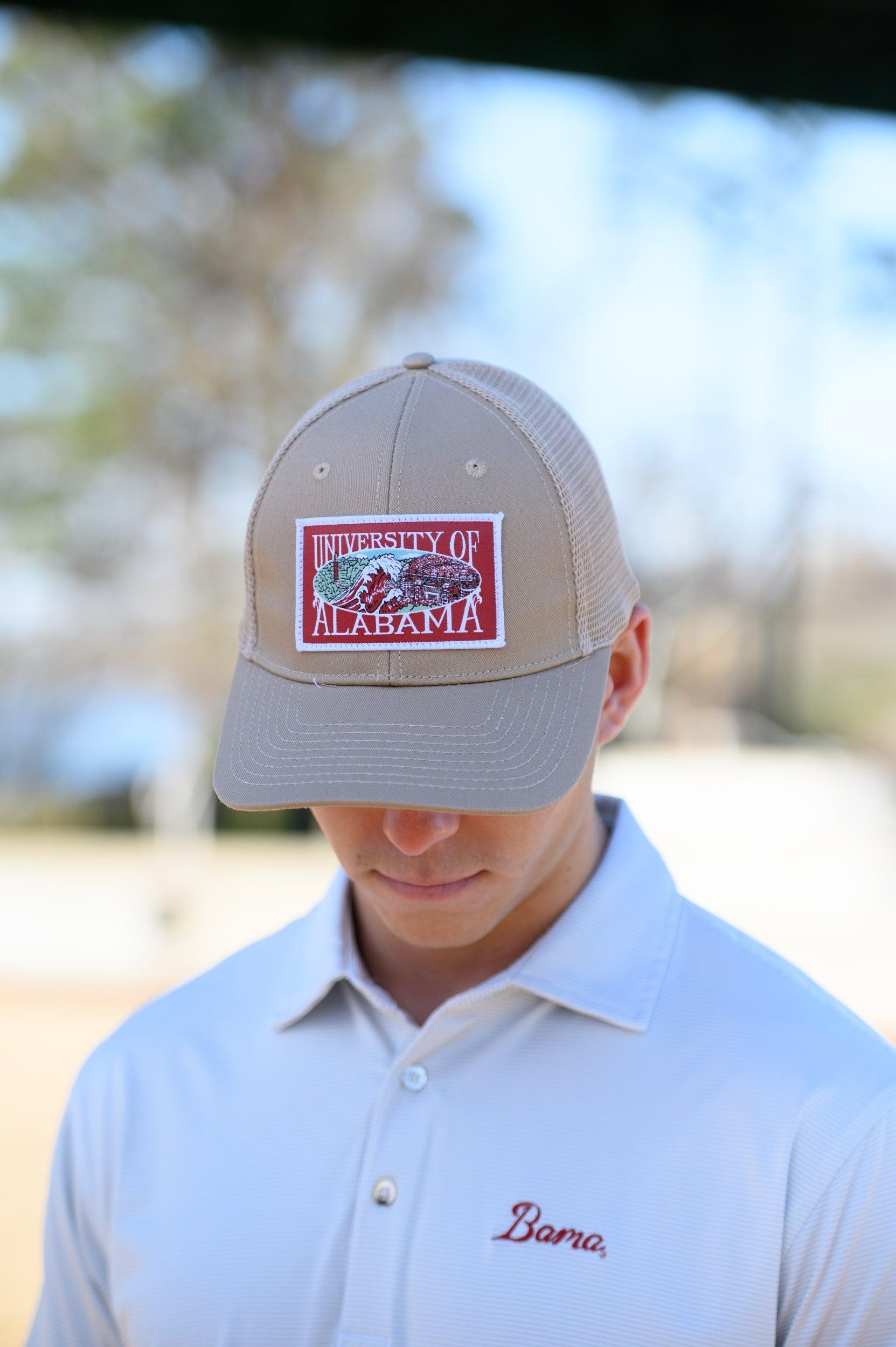 University of Alabama Beige Trucker Hat with a patch that features the University of Alabama logo.