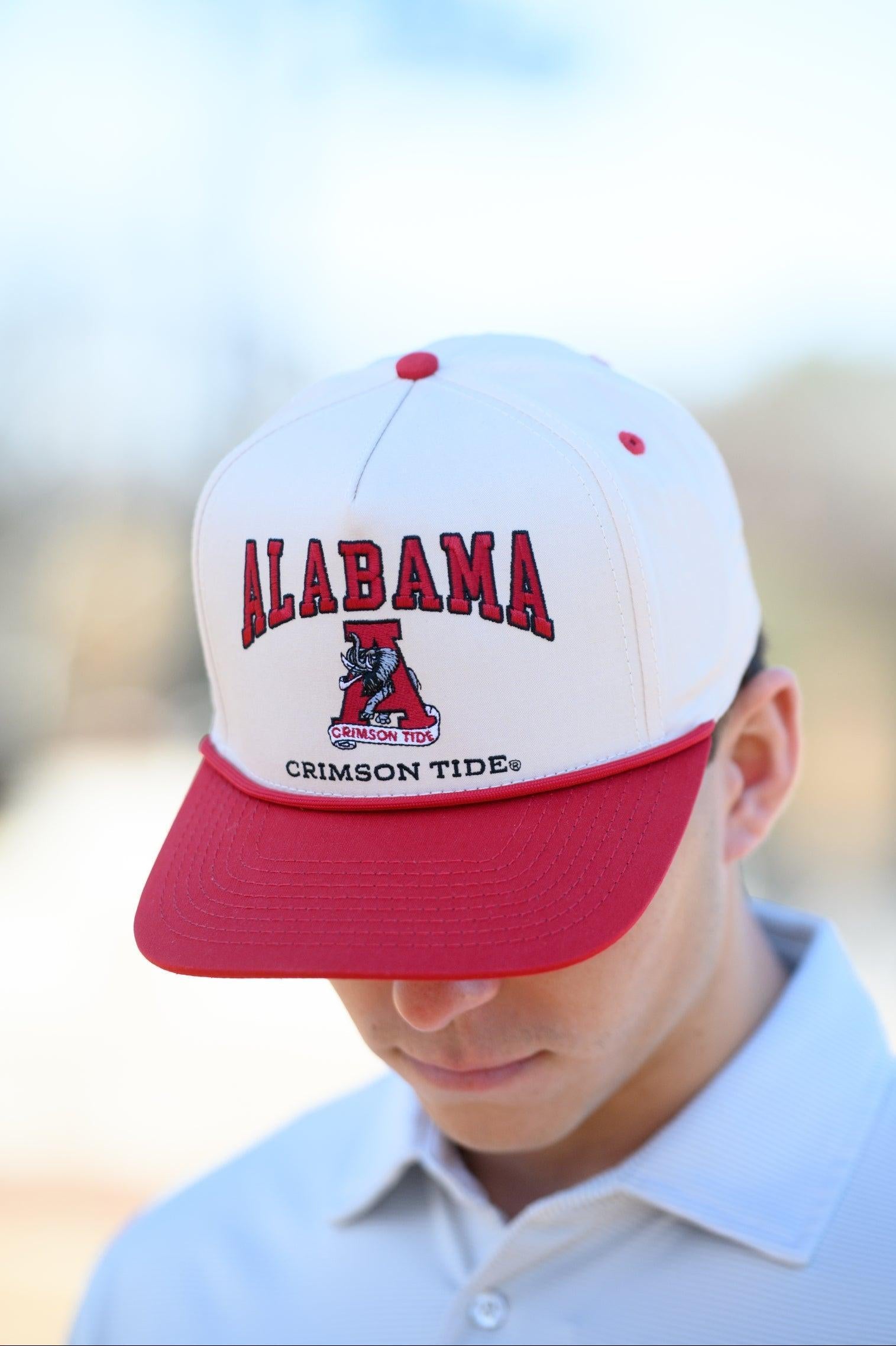 University of Alabama Khaki/Crimson Rope Hat with an image of the Vintage A and the text "Alabama Crimson Tide" surrounding the image