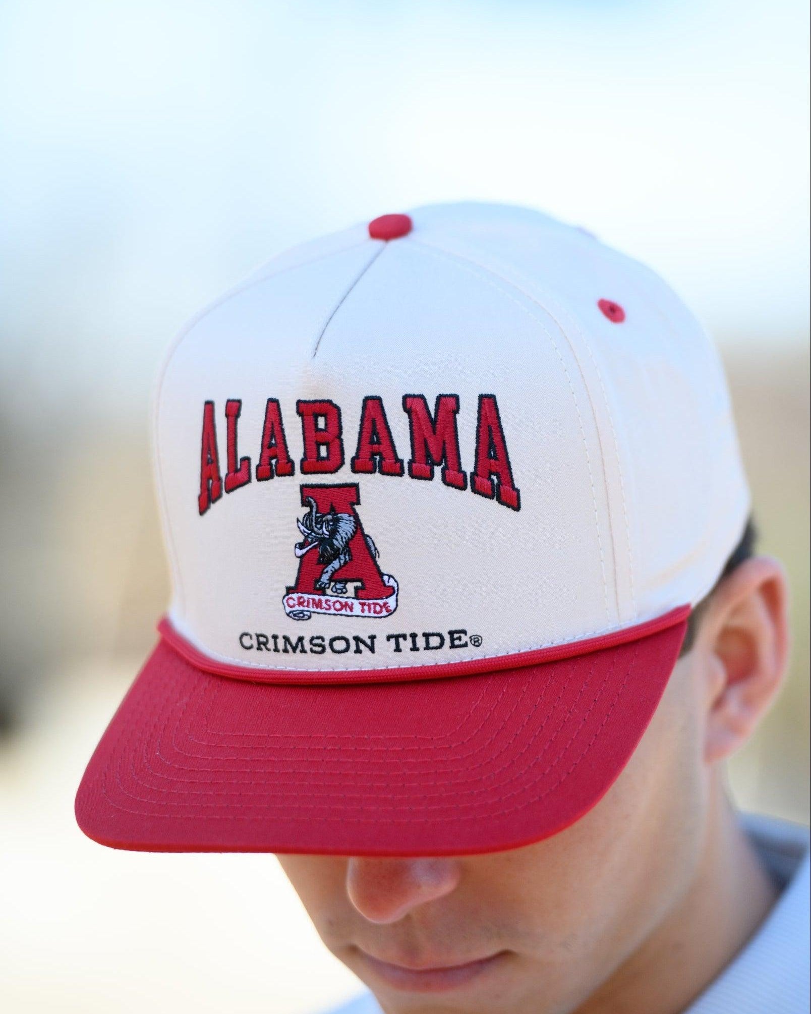 University of Alabama Khaki/Crimson Rope Hat with an image of the Vintage A and the text "Alabama Crimson Tide" surrounding the image