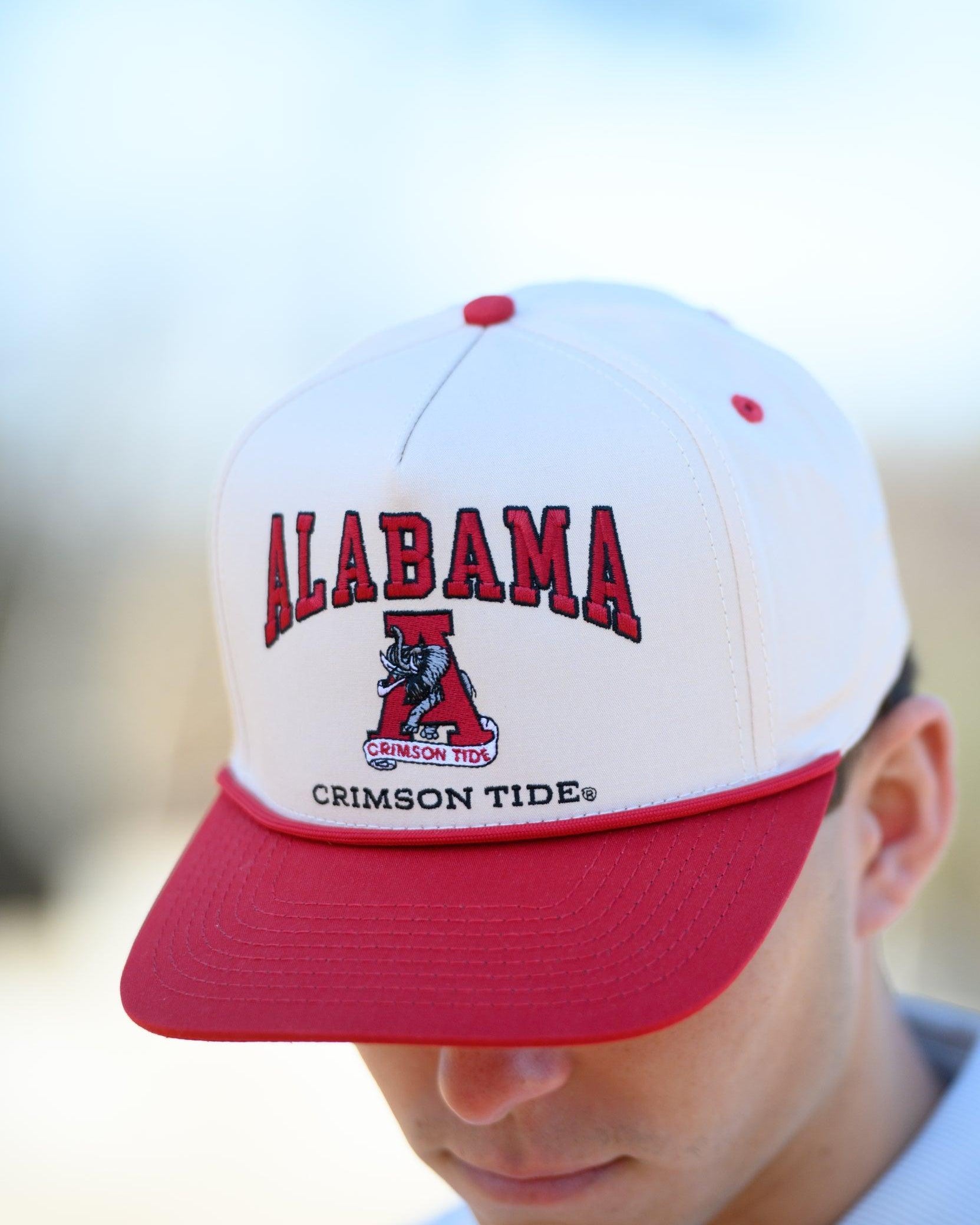 University of Alabama Khaki/Crimson Rope Hat with an image of the Vintage A and the text "Alabama Crimson Tide" surrounding the image