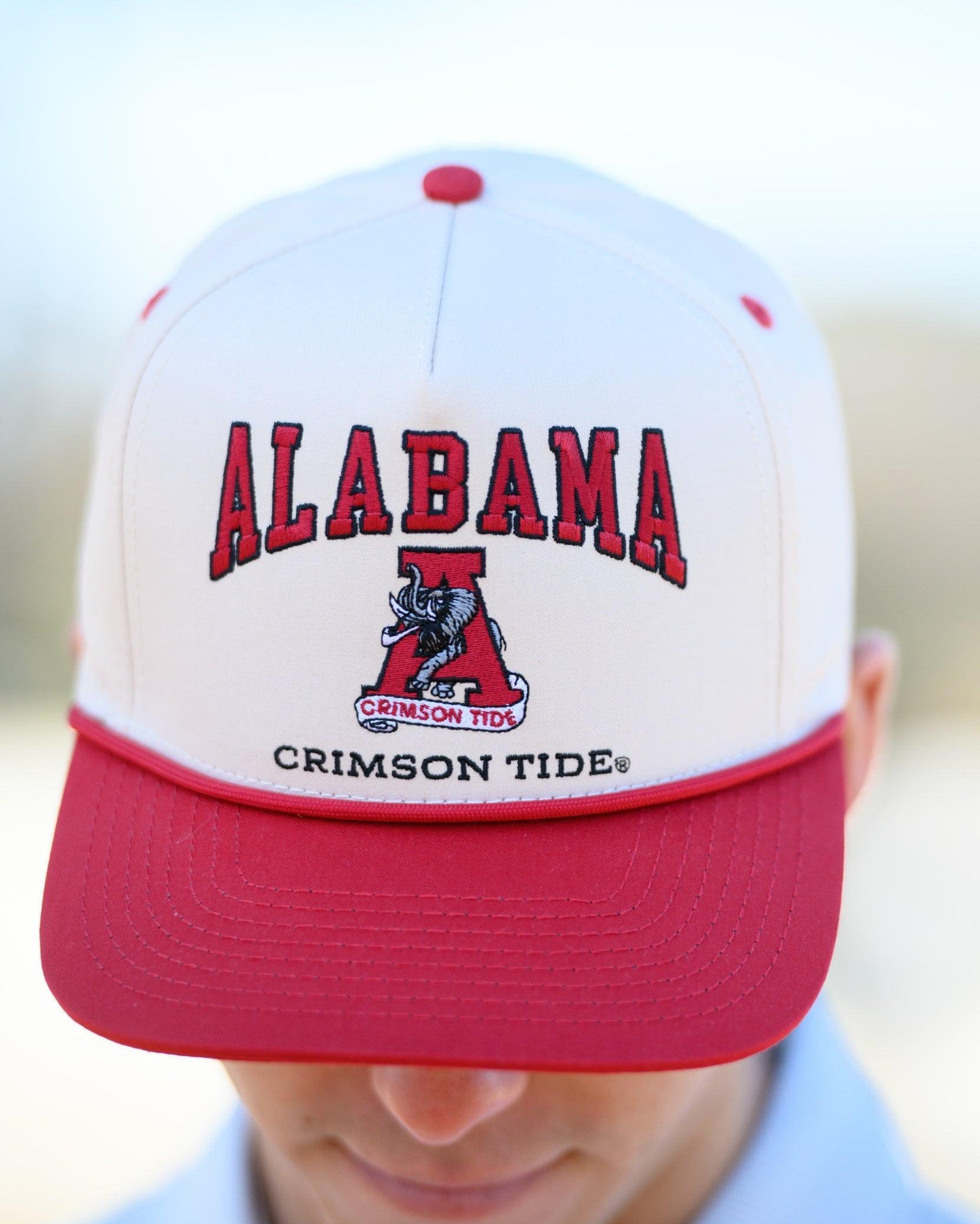 University of Alabama Khaki/Crimson Rope Hat with an image of the Vintage A and the text "Alabama Crimson Tide" surrounding the image
