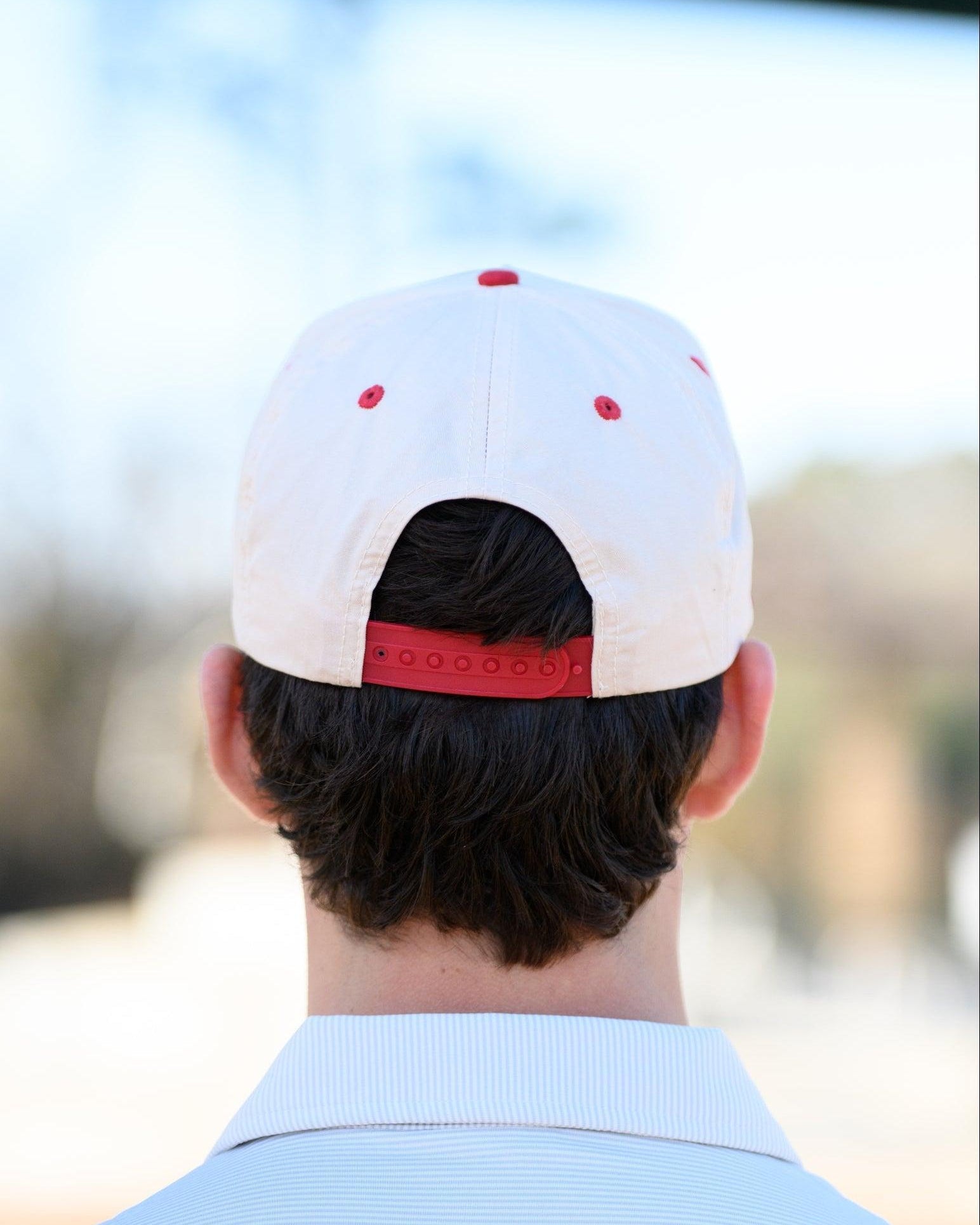 University of Alabama Khaki/Crimson Rope Hat with an image of the Vintage A and the text "Alabama Crimson Tide" surrounding the image