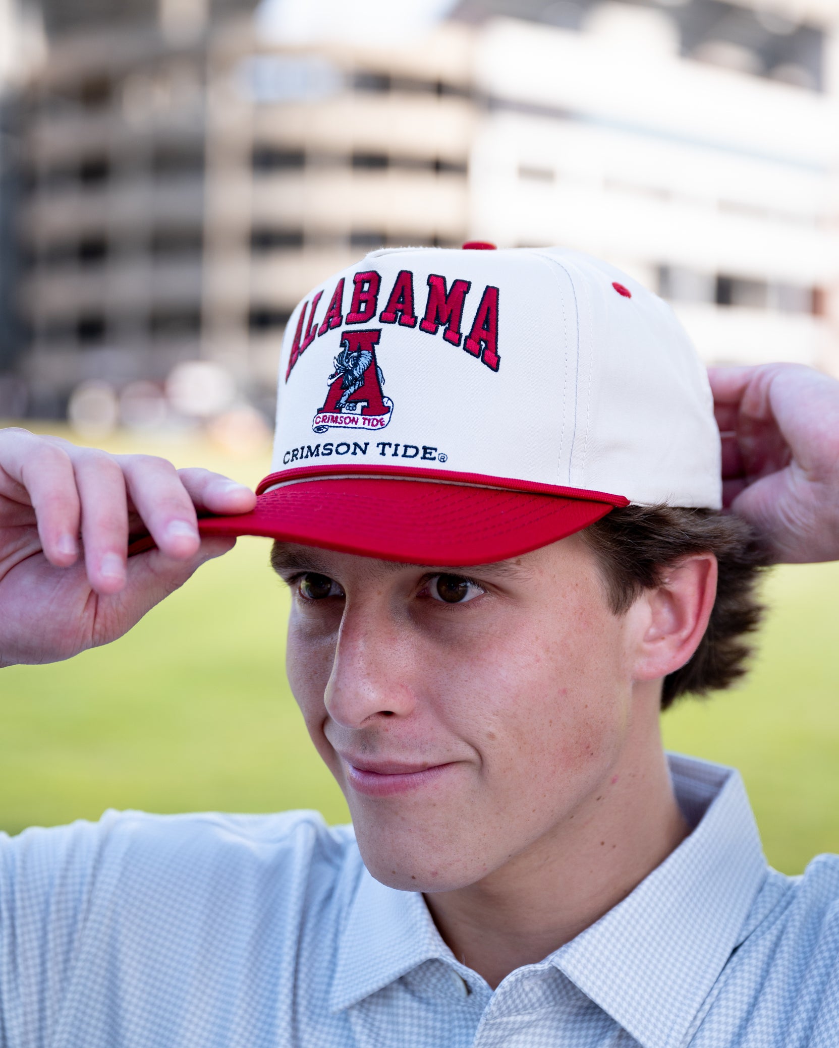 University of Alabama Alabama Classic Two Tone Hat JNJ Classic Khaki/Crimson Rope Hat  with an image of the Vintage A and the text "Alabama Crimson Tide" surrounding the image