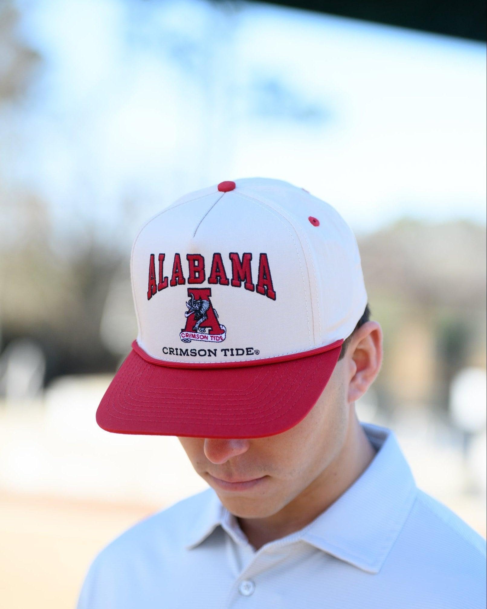 University of Alabama Khaki/Crimson Rope Hat with an image of the Vintage A and the text "Alabama Crimson Tide" surrounding the image