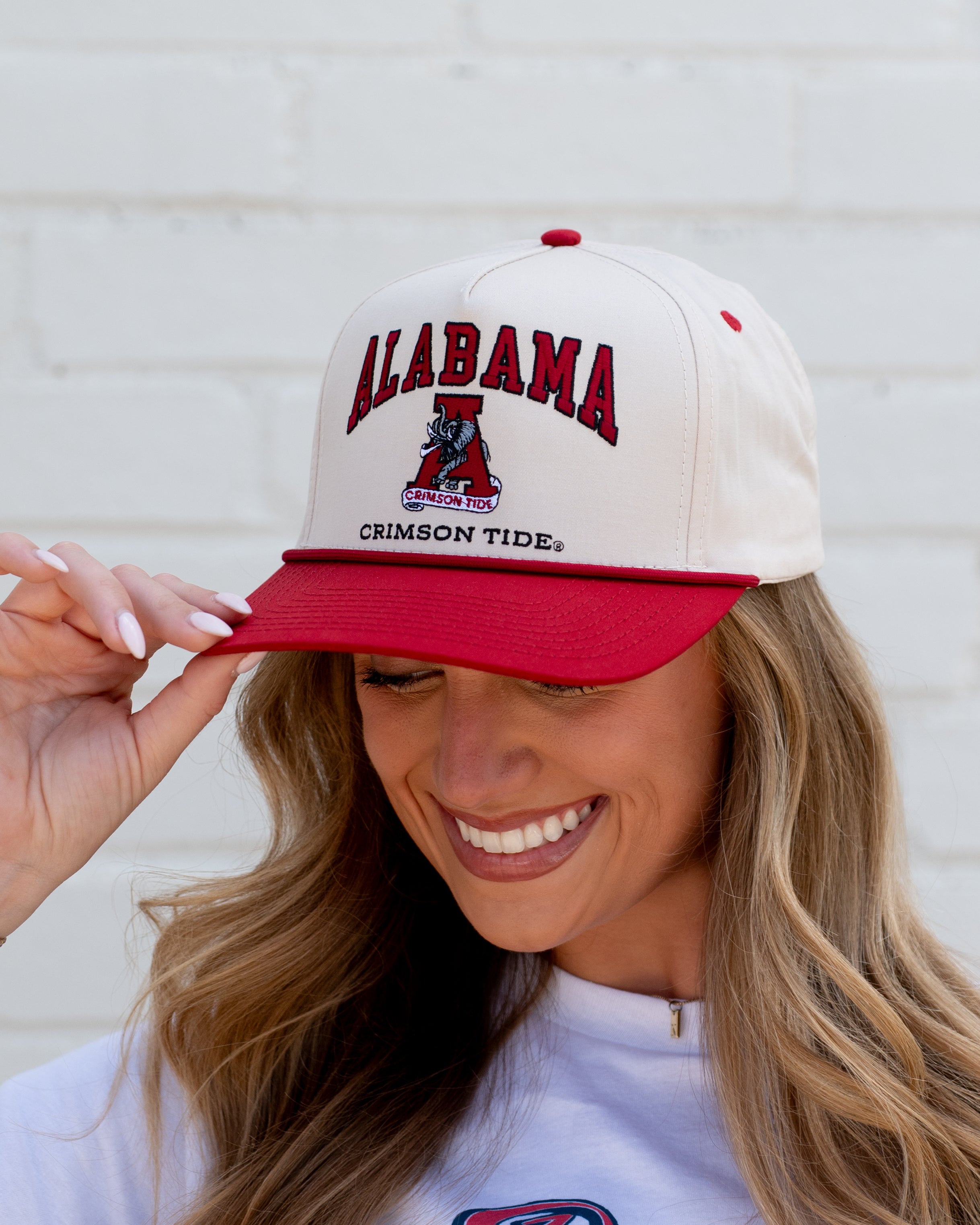 University of Alabama Alabama Classic Two Tone Hat JNJ Classic Khaki/Crimson Rope Hat  with an image of the Vintage A and the text "Alabama Crimson Tide" surrounding the image