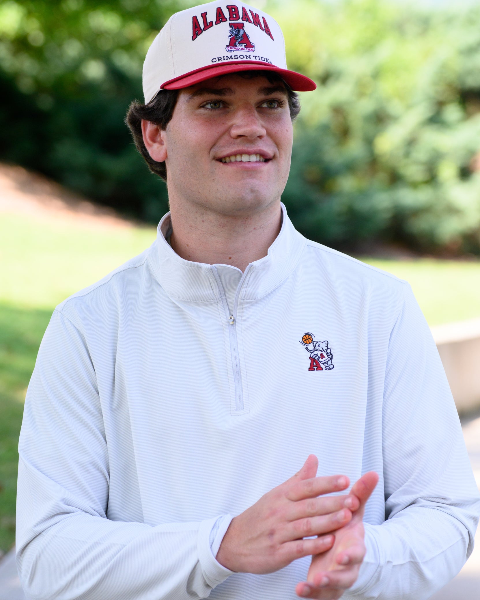 University of Alabama Alabama Classic Two Tone Hat JNJ Classic Khaki/Crimson Rope Hat  with an image of the Vintage A and the text "Alabama Crimson Tide" surrounding the image
