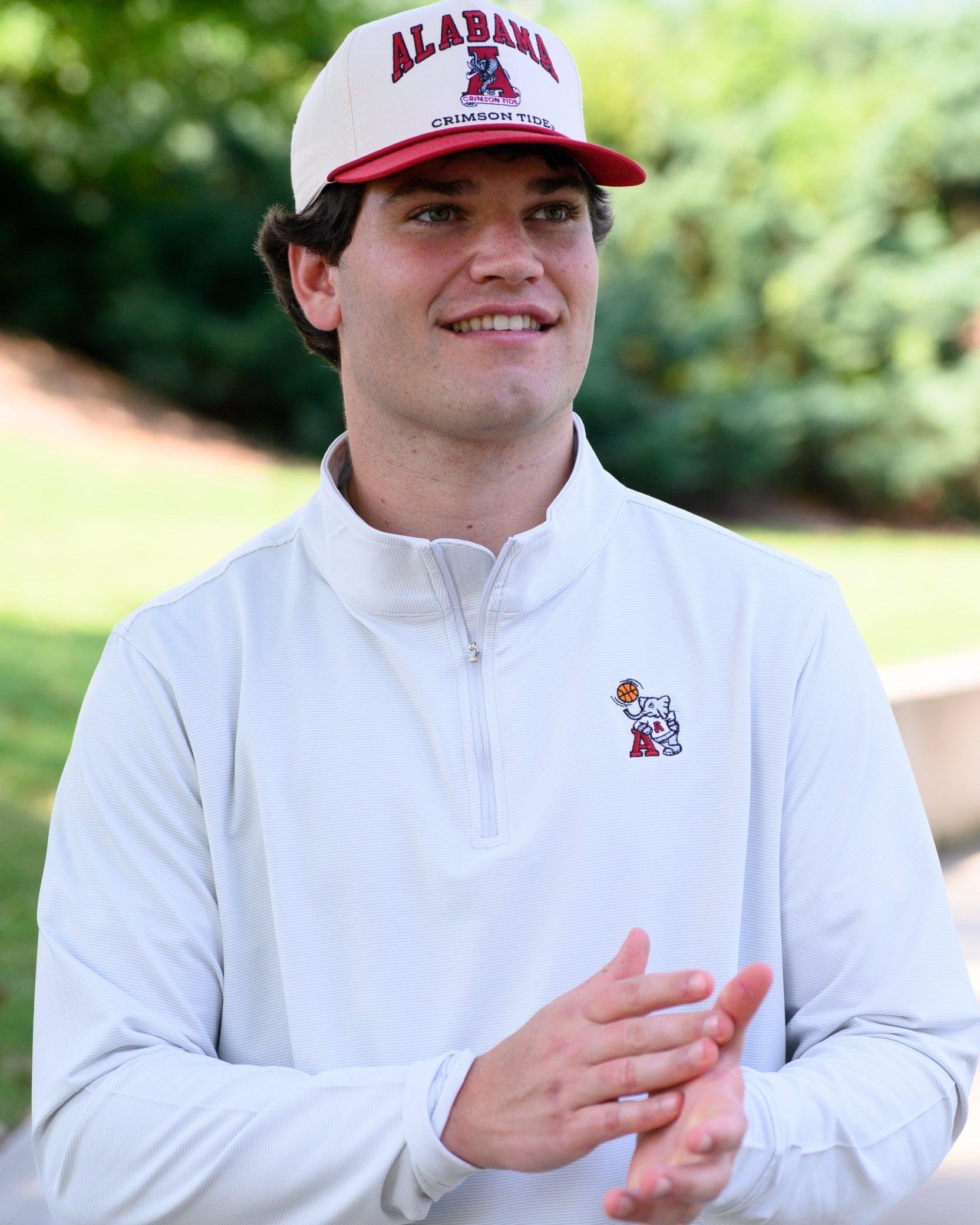 University of Alabama Alabama Classic Two Tone Hat JNJ Classic Khaki/Crimson Rope Hat with an image of the Vintage A and the text "Alabama Crimson Tide" surrounding the image