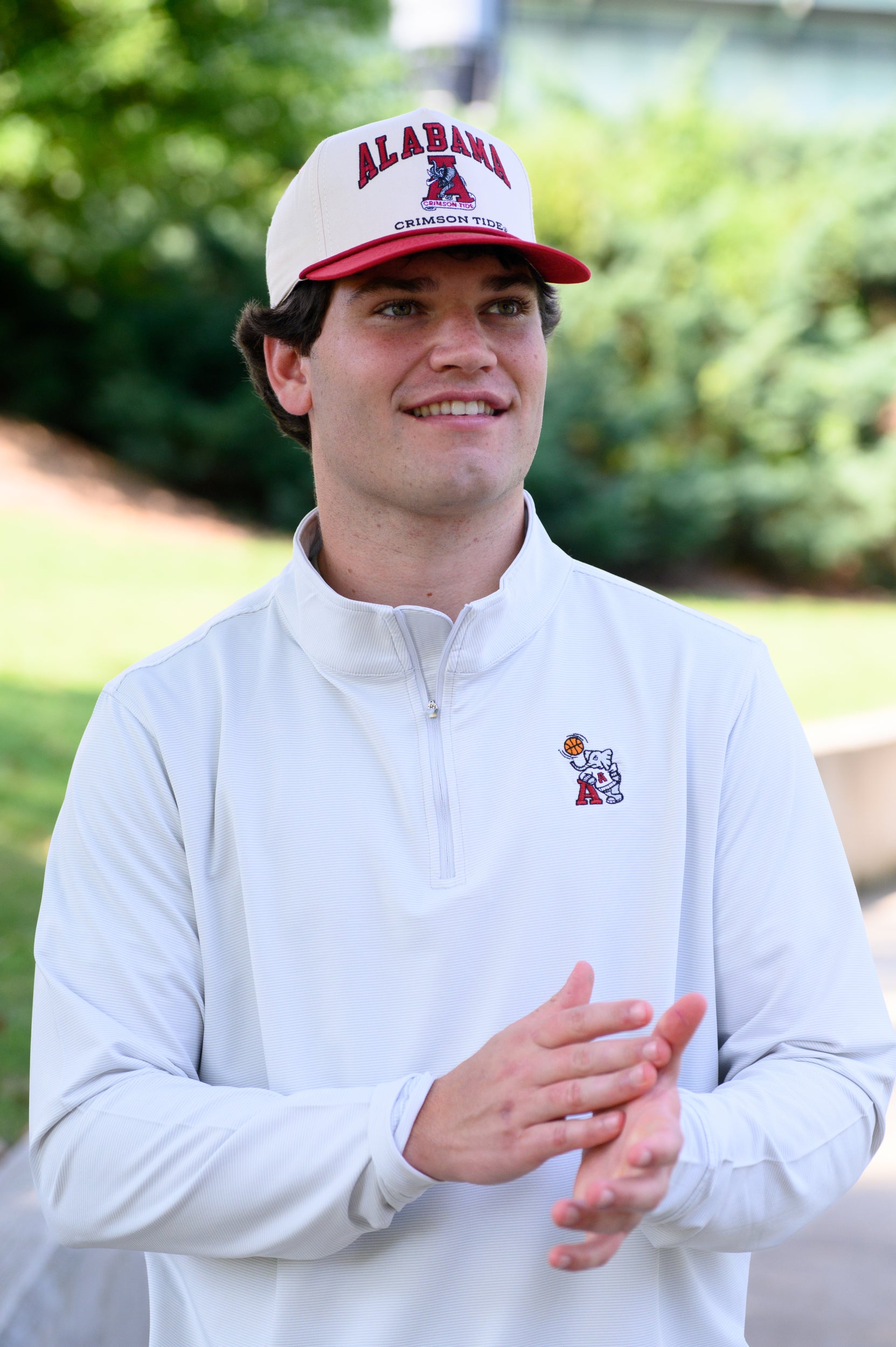 University of Alabama Alabama Classic Two Tone Hat JNJ Classic Khaki/Crimson Rope Hat with an image of the Vintage A and the text "Alabama Crimson Tide" surrounding the image