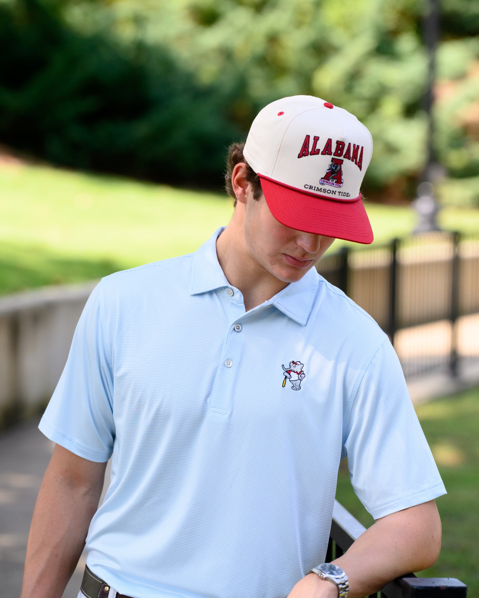University of Alabama Alabama Classic Two Tone Hat JNJ Classic Khaki/Crimson Rope Hat  with an image of the Vintage A and the text "Alabama Crimson Tide" surrounding the image