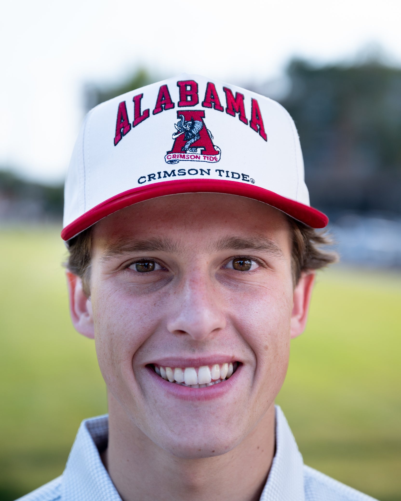 University of Alabama Alabama Classic Two Tone Hat JNJ Classic Khaki/Crimson Rope Hat  with an image of the Vintage A and the text "Alabama Crimson Tide" surrounding the image