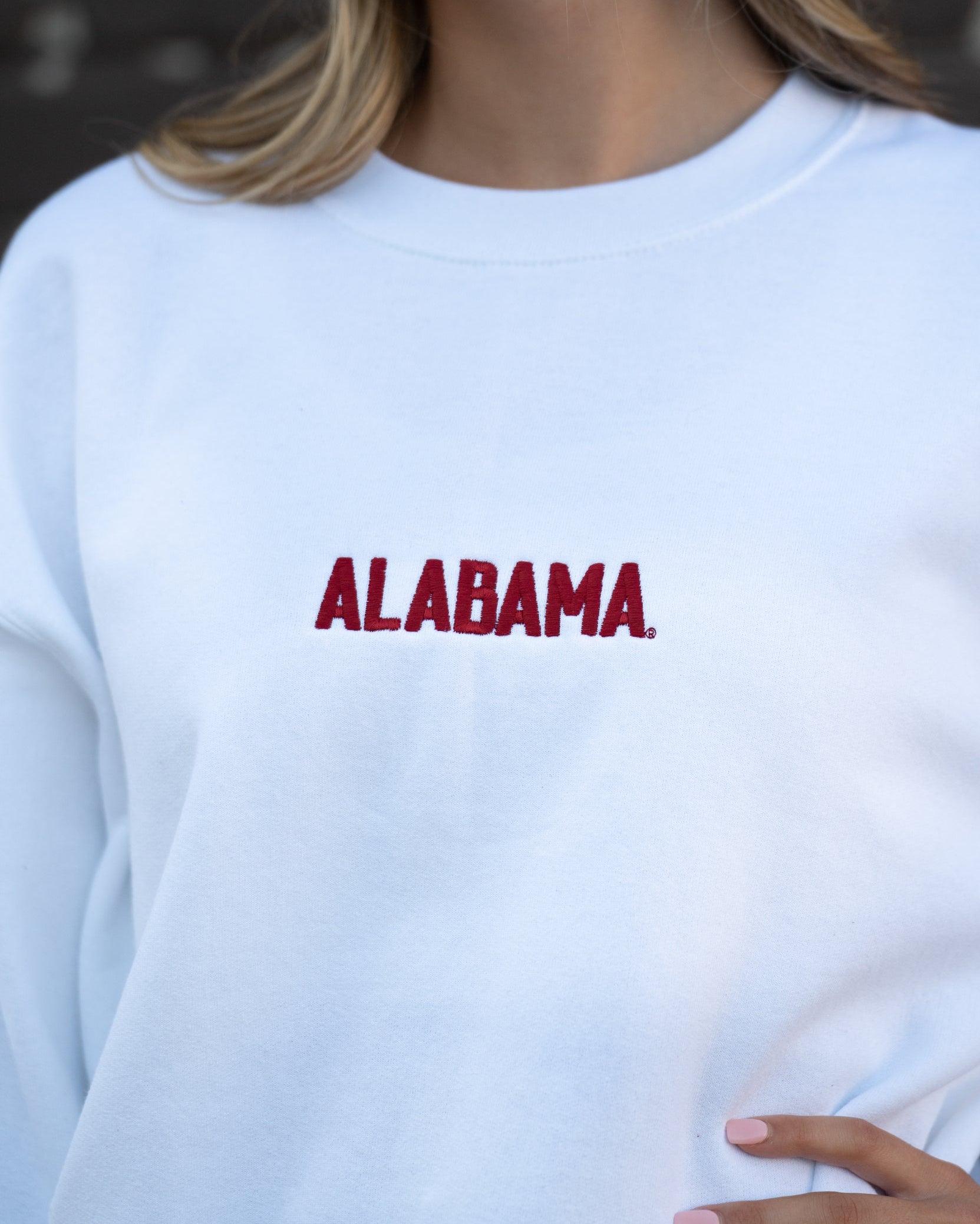 University of Alabama White American Apparel Sweatshirt with 'ALABAMA' embroidered on the front in red letters.