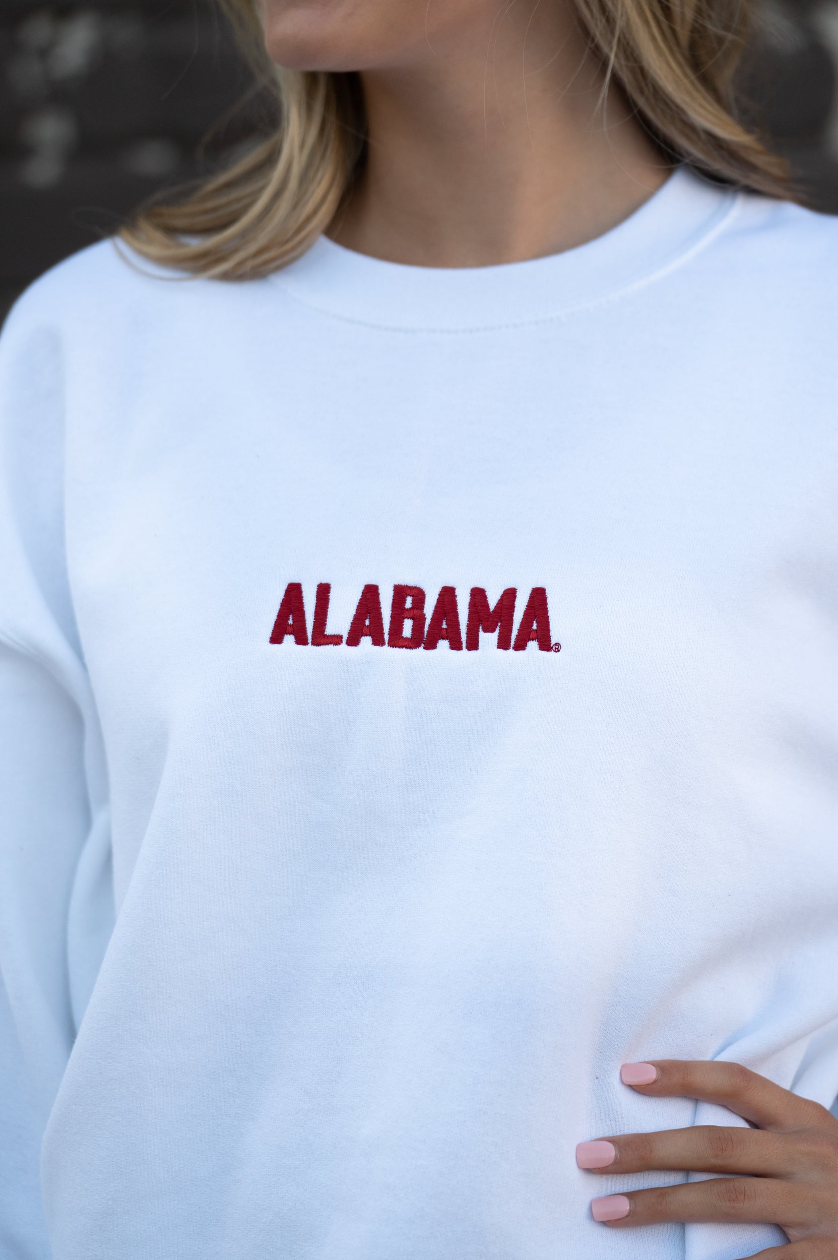 University of Alabama White American Apparel Sweatshirt with 'ALABAMA' embroidered on the front in red letters.