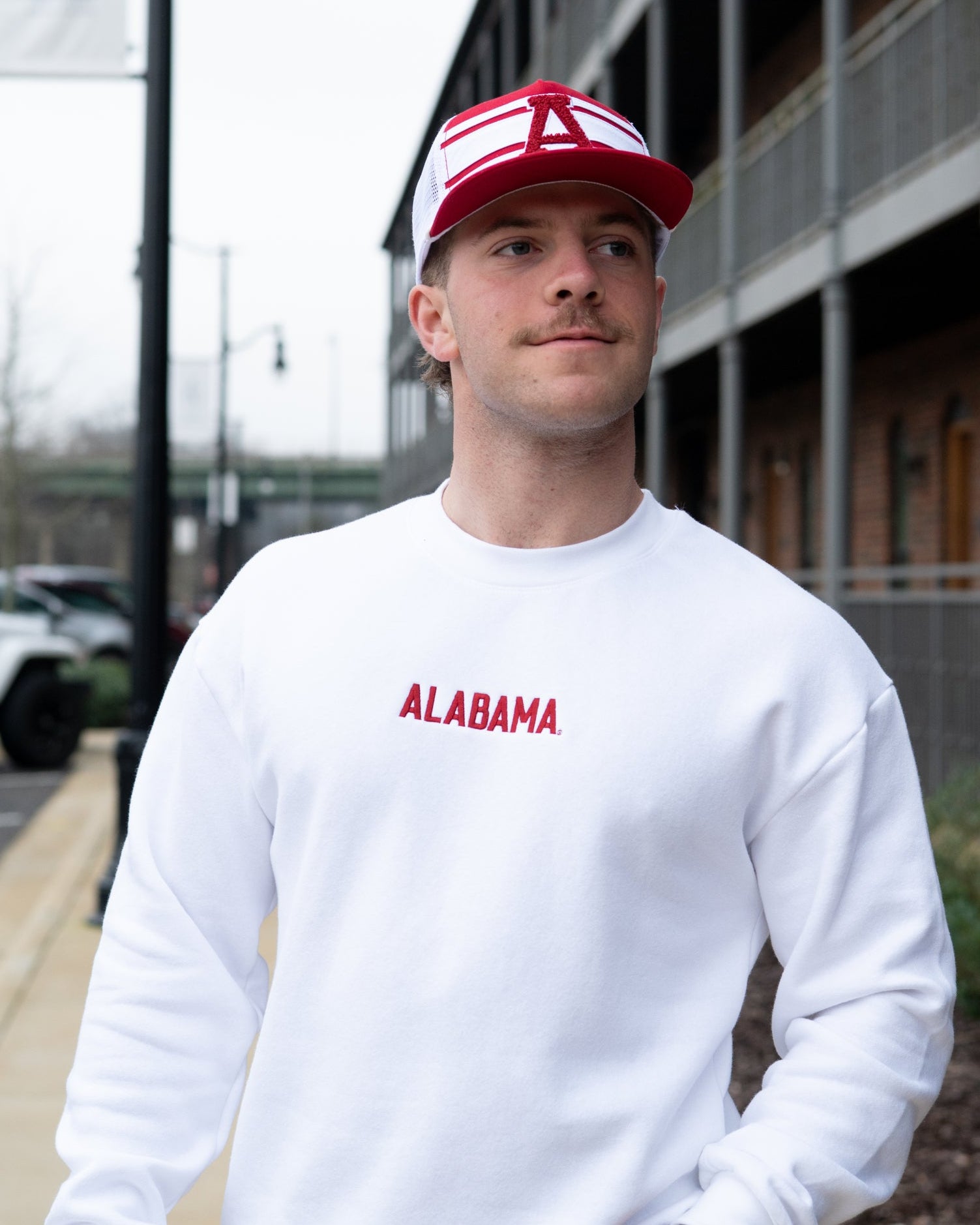 University of Alabama White American Apparel Sweatshirt with 'ALABAMA' embroidered on the front in red letters.
