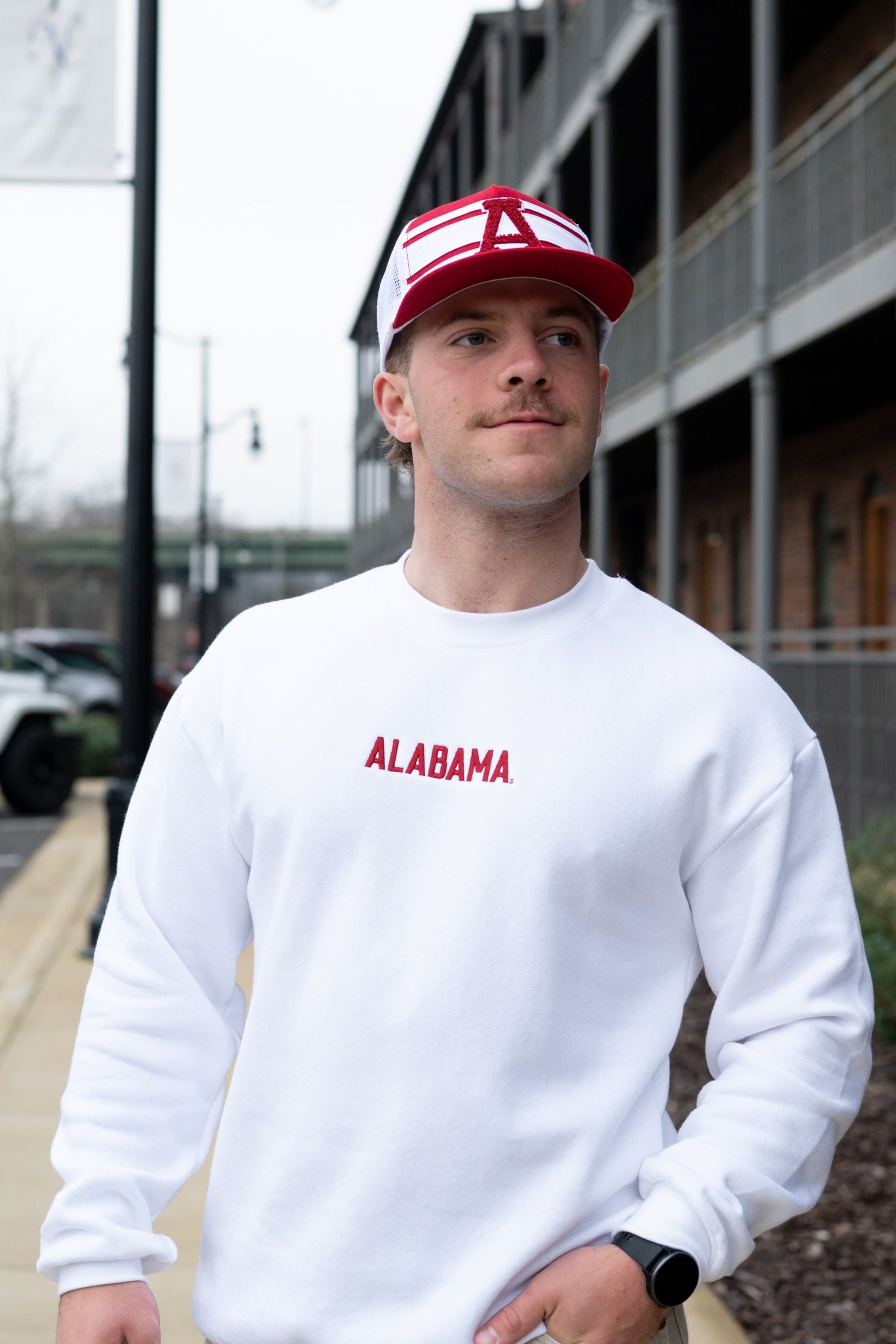University of Alabama White American Apparel Sweatshirt with 'ALABAMA' embroidered on the front in red letters.