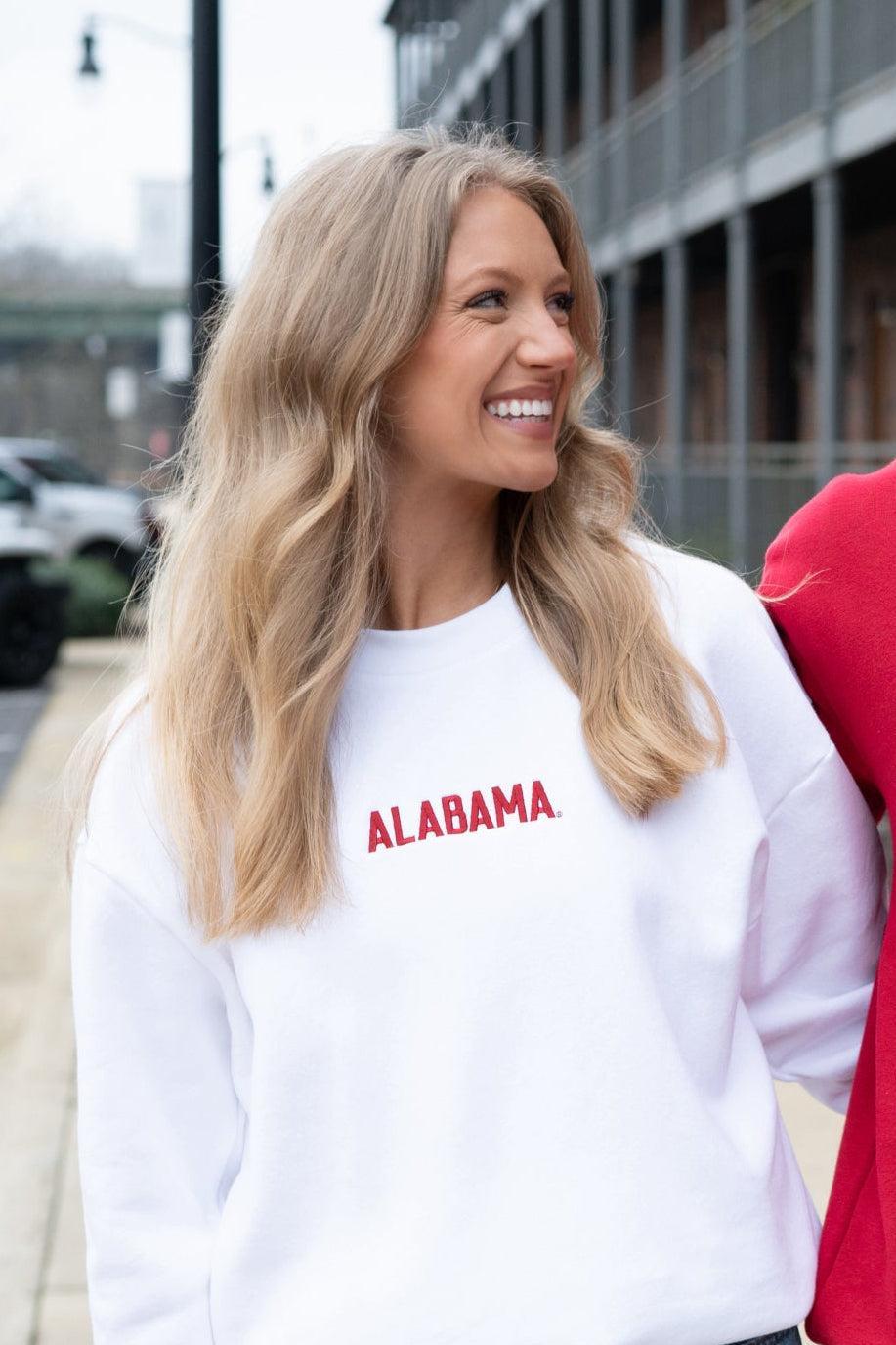 University of Alabama White American Apparel Sweatshirt with 'ALABAMA' embroidered on the front in red letters.