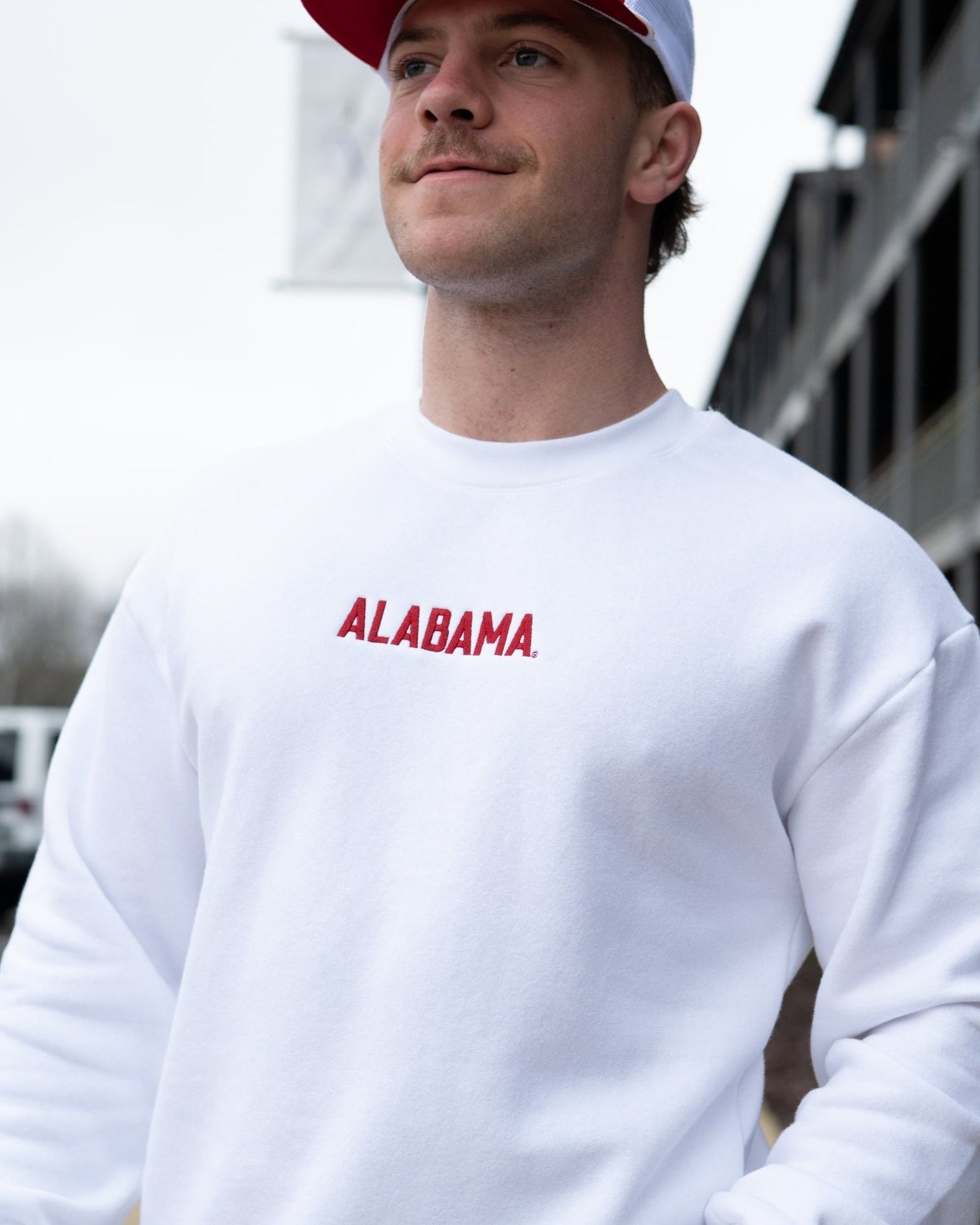 University of Alabama White American Apparel Sweatshirt with 'ALABAMA' embroidered on the front in red letters.