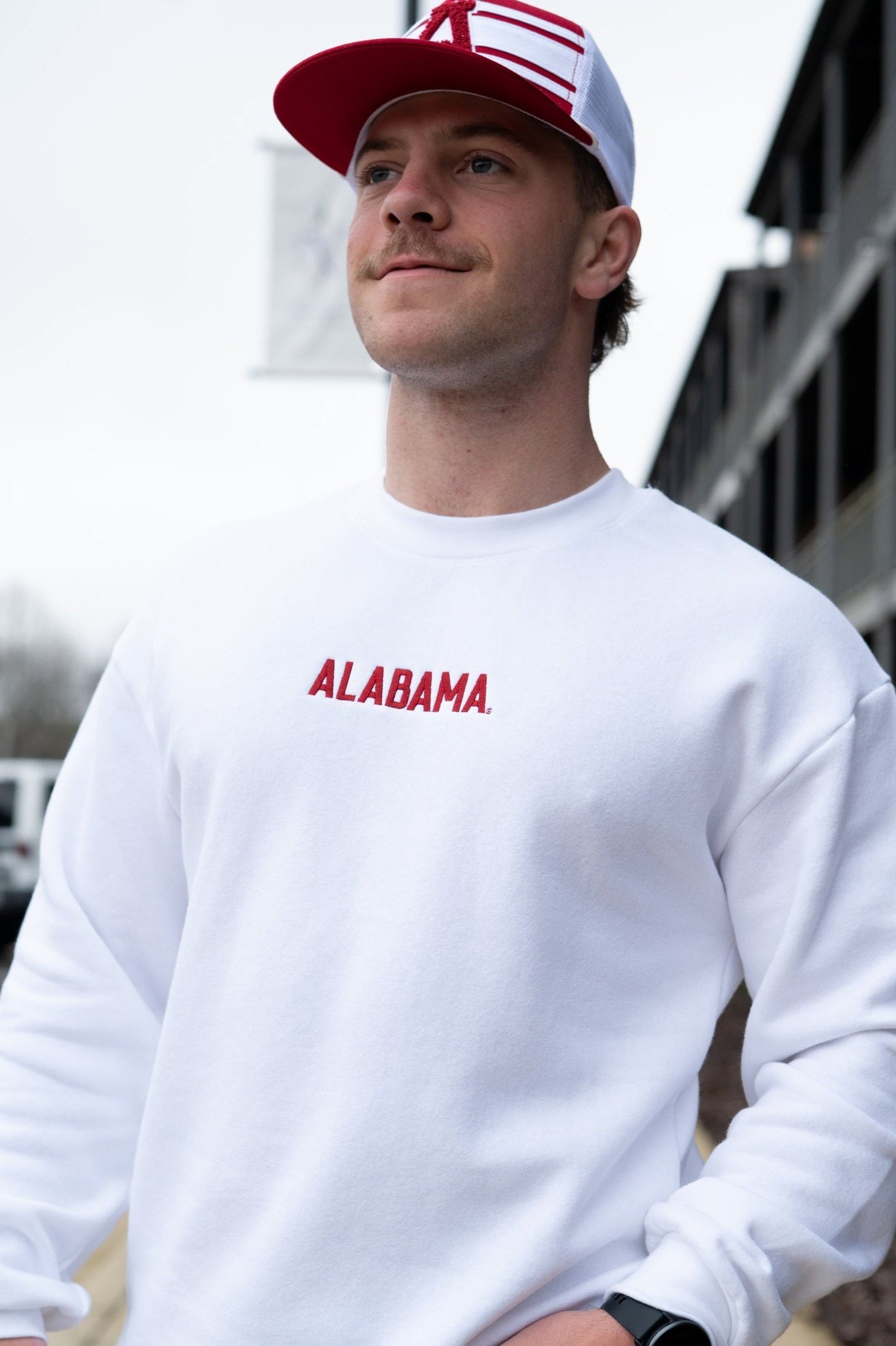 University of Alabama White American Apparel Sweatshirt with 'ALABAMA' embroidered on the front in red letters.