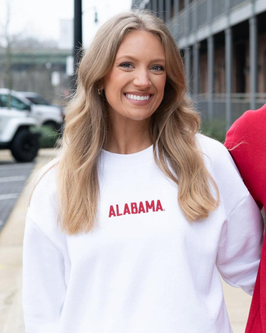 University of Alabama White American Apparel Sweatshirt with 'ALABAMA' embroidered on the front in red letters.