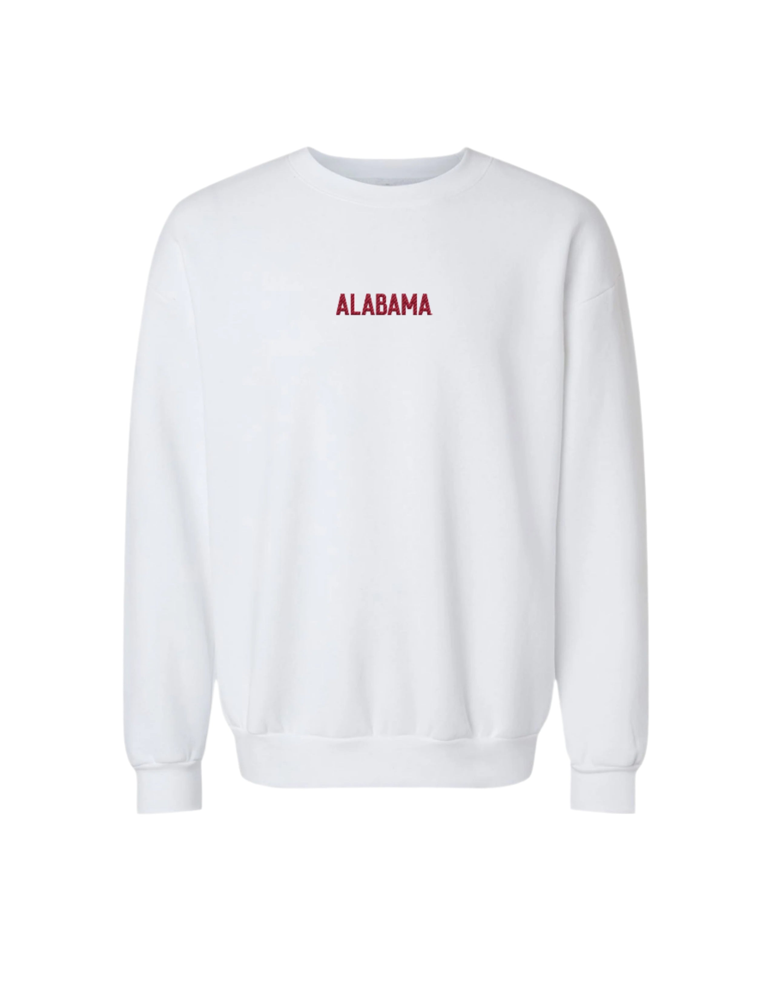 University of Alabama White American Apparel Sweatshirt with 'ALABAMA' embroidered on the front in Red letters.