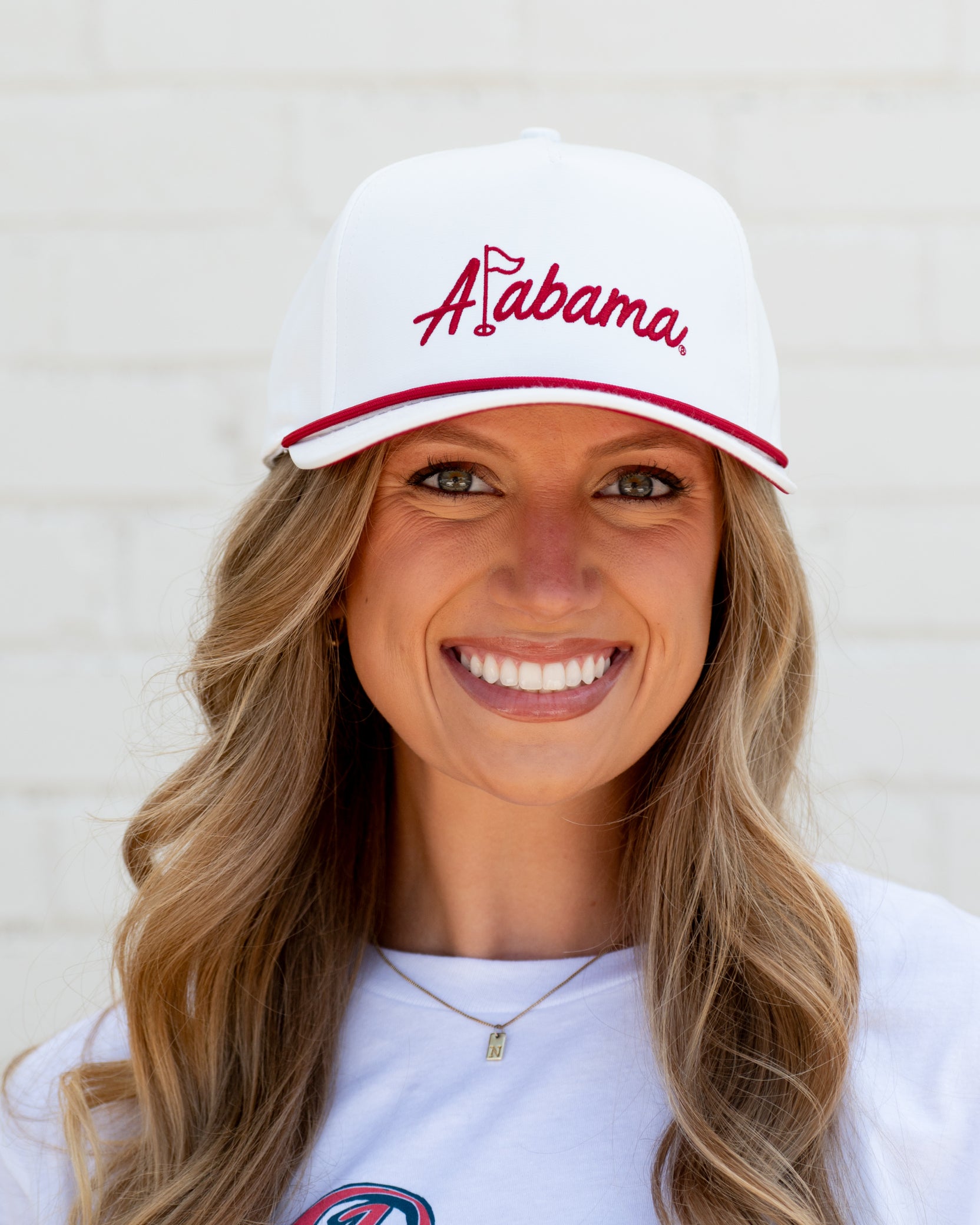 University of Alabama White Hat with Red rope and Red embroidered "Alabama" with the "L" represented as a golf flag