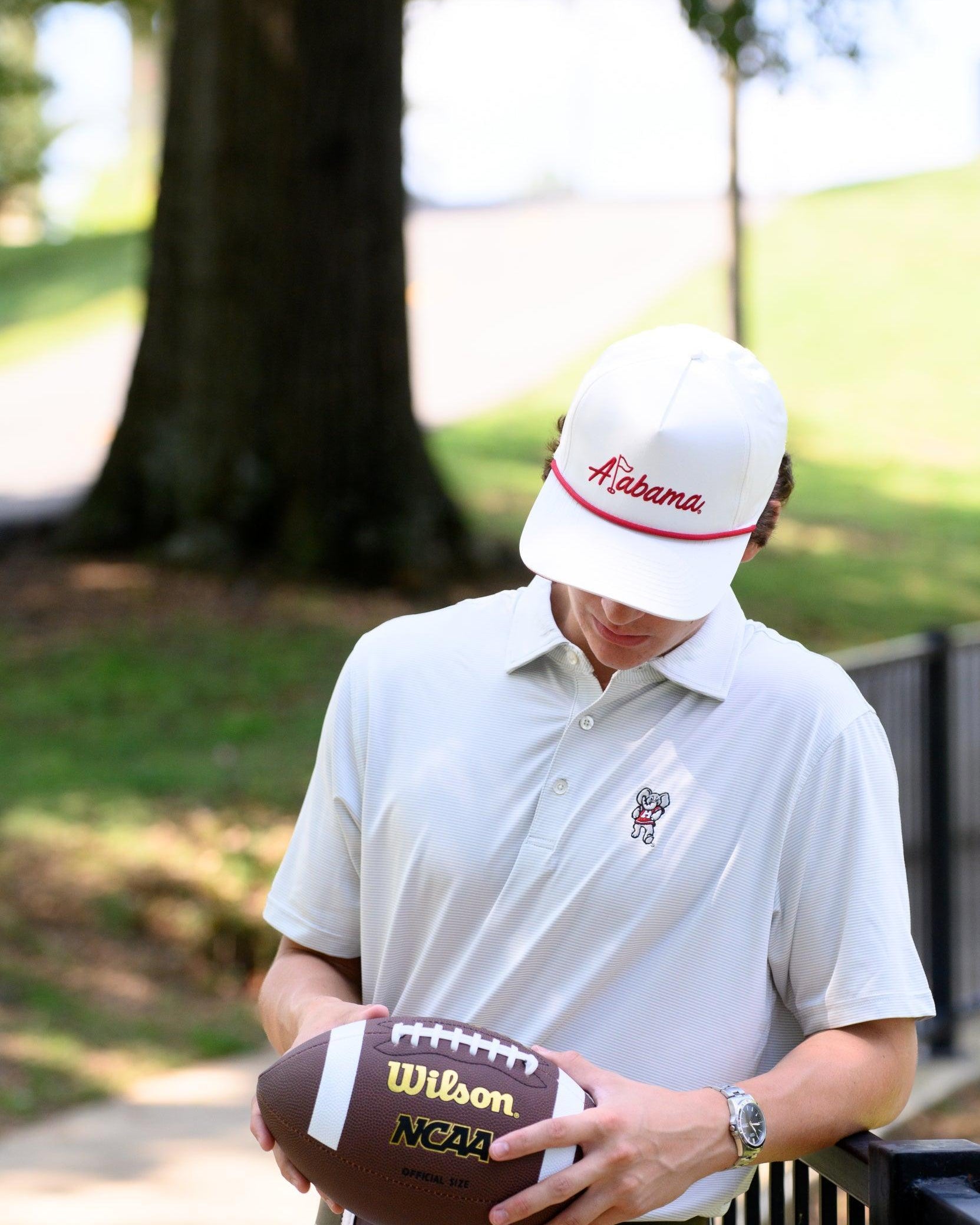 University of Alabama White Hat with Red rope and Red embroidered "Alabama" with the "L" represented as a golf flag