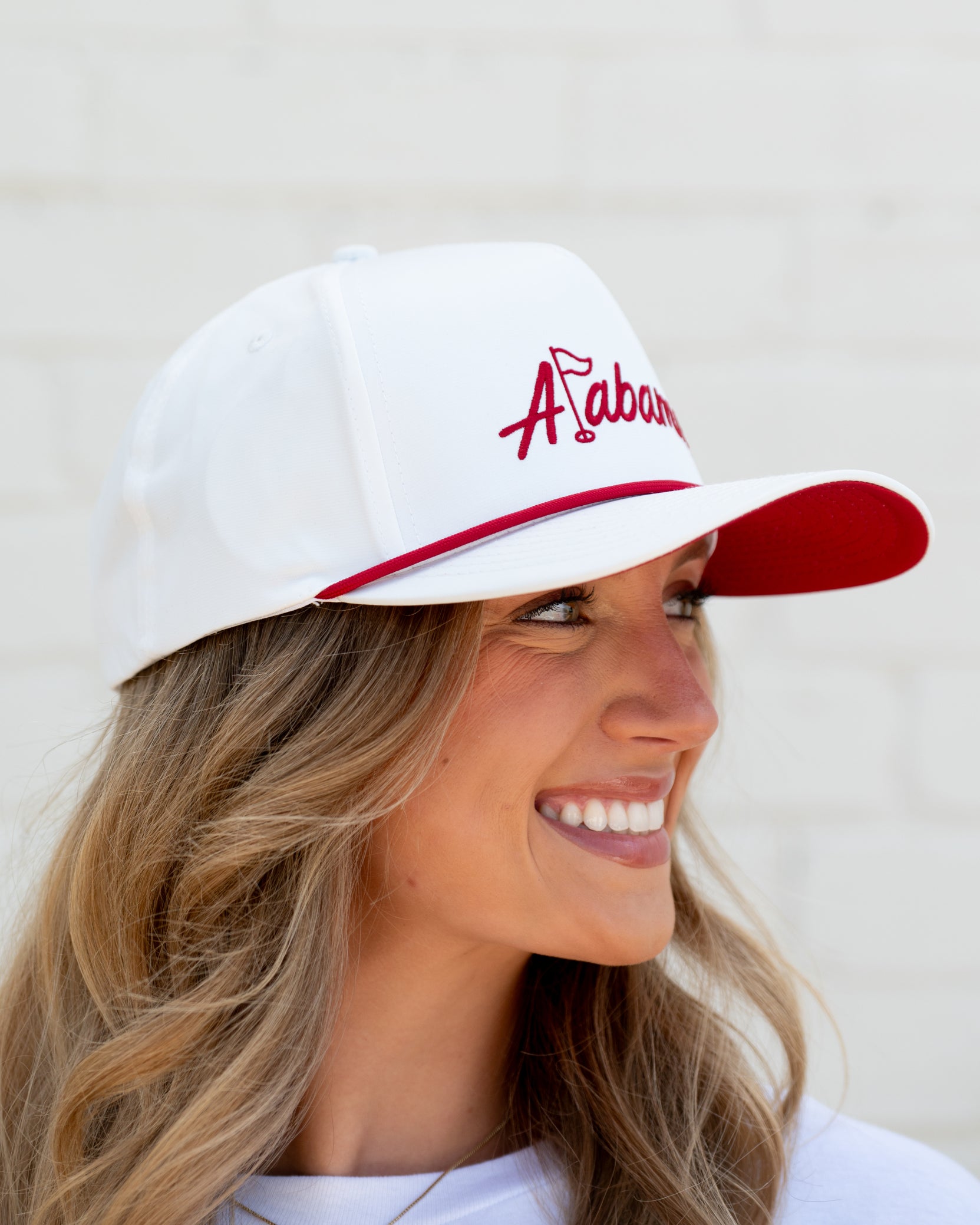 University of Alabama White Hat with Red rope and Red embroidered "Alabama" with the "L" represented as a golf flag