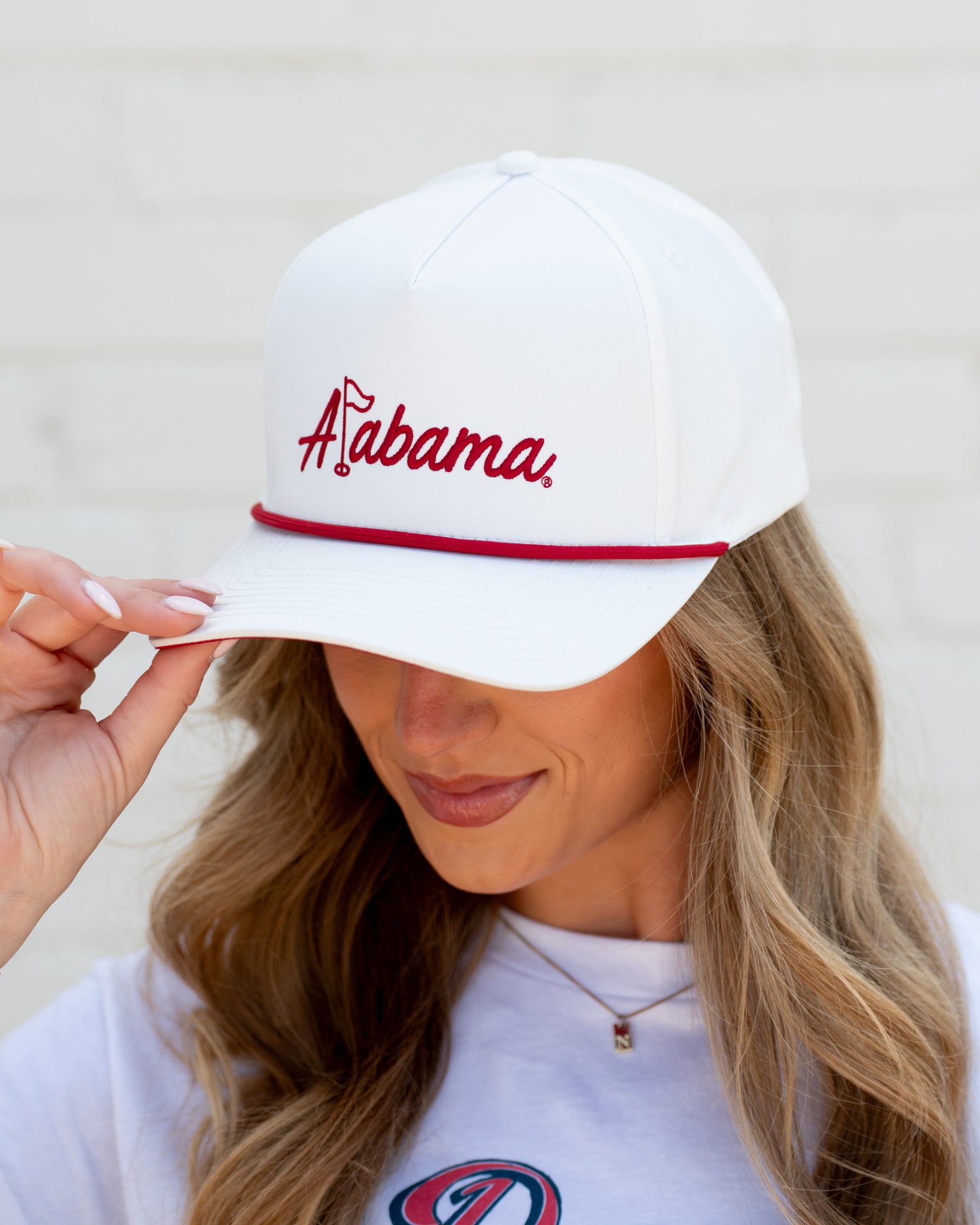 University of Alabama White Hat with Red rope and Red embroidered "Alabama" with the "L" represented as a golf flag
