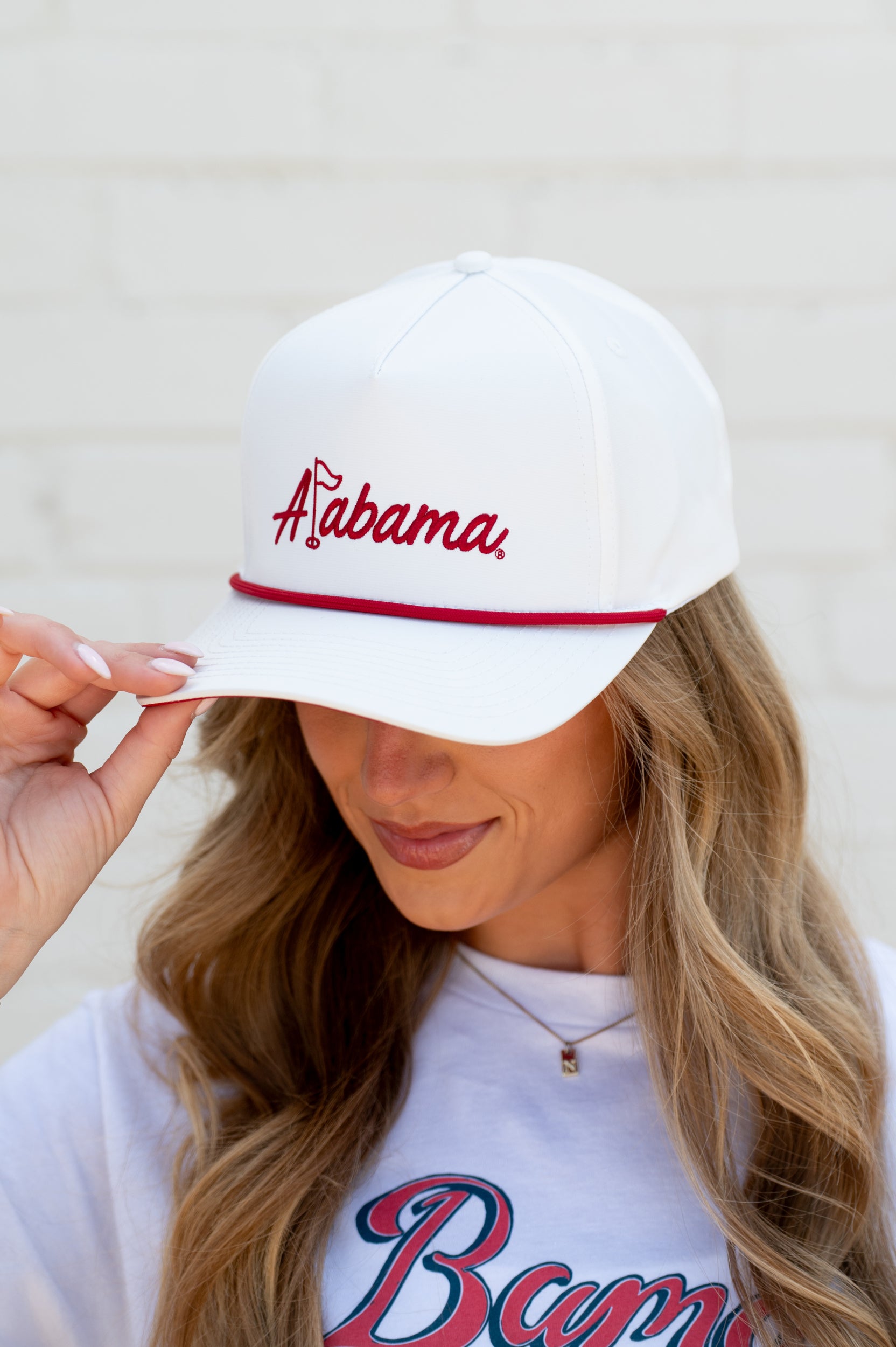 University of Alabama White Hat with Red rope and Red embroidered "Alabama" with the "L" represented as a golf flag