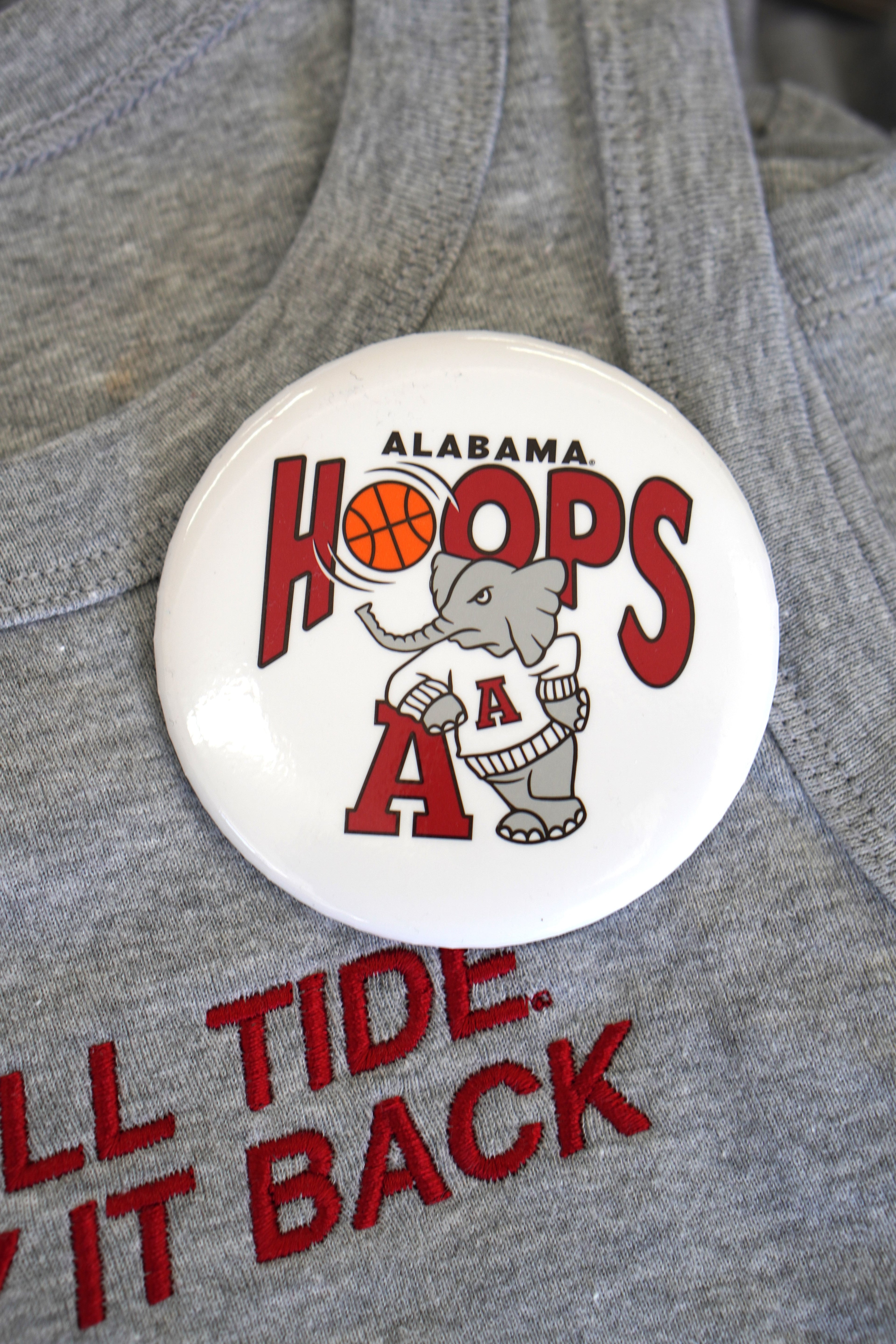 University of Alabama Alabama Hoops White Button with text "HOOPS" with a basketball replacing the first "O" and an image of Old School Al