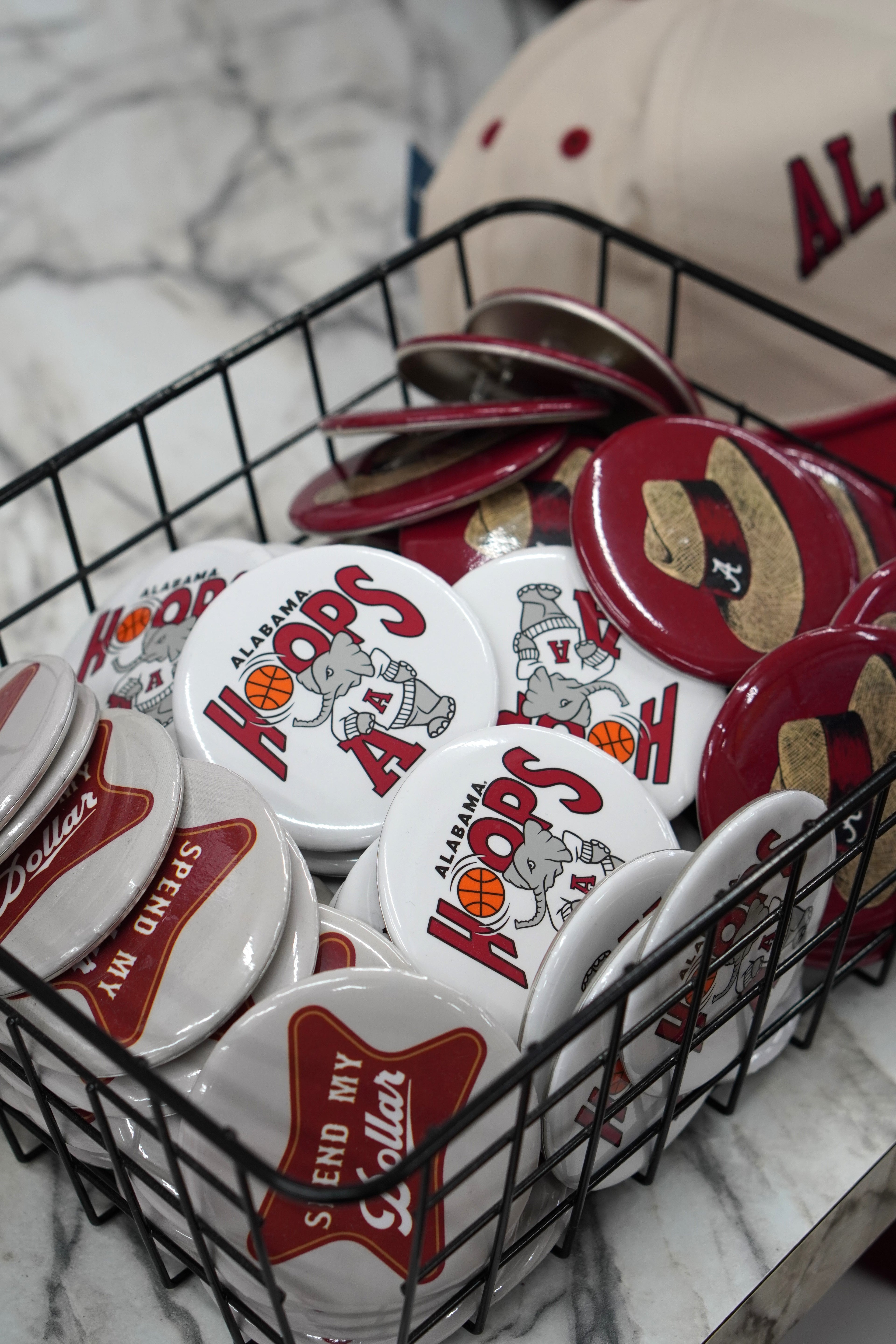 University of Alabama Alabama Hoops White Button with text "HOOPS" with a basketball replacing the first "O" and an image of Old School Al