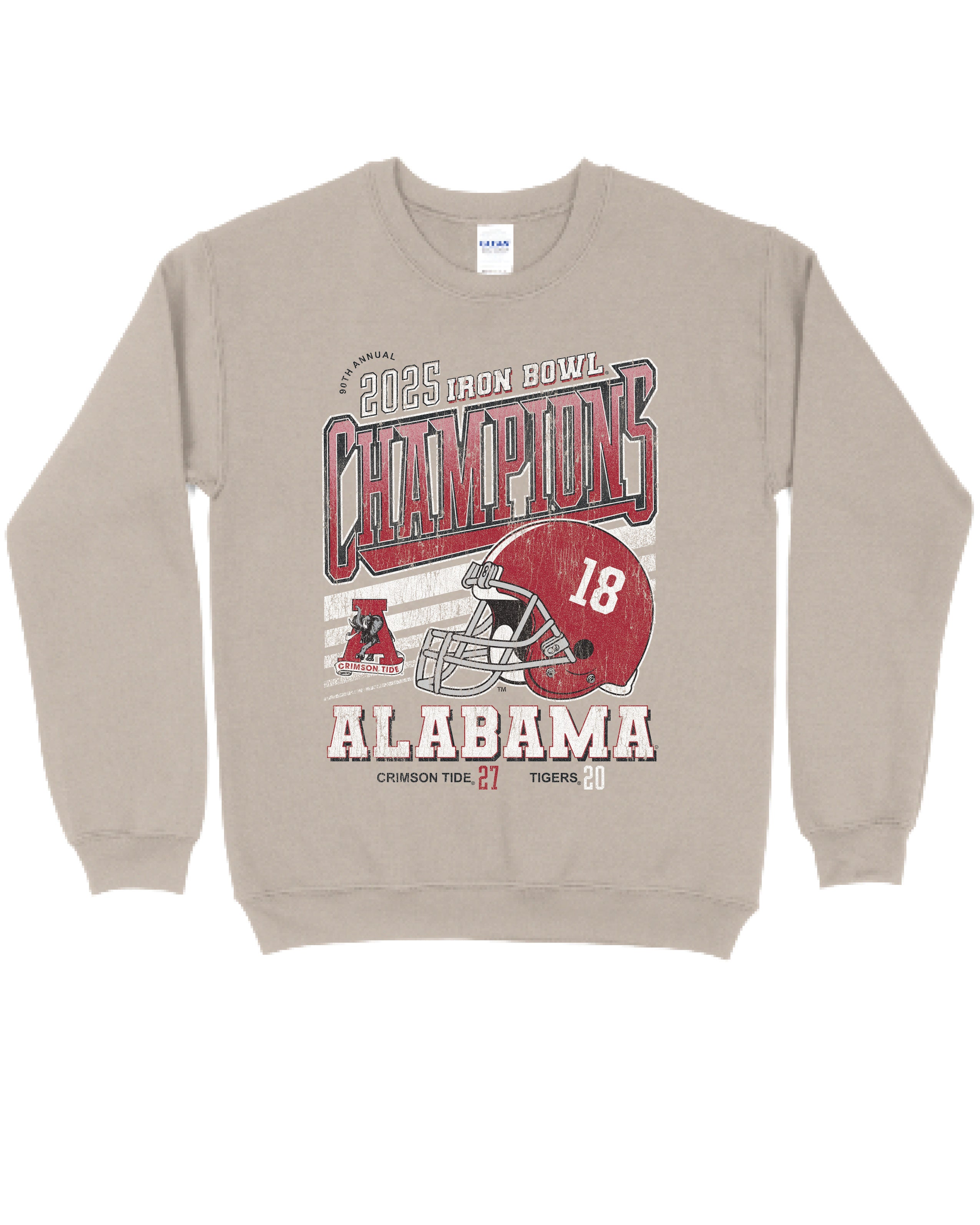 University of Alabama Sand with an elephant holding the state flag in a stadium under the text “Alabama” and above the text “90th Annual Iron Bowl Champions”