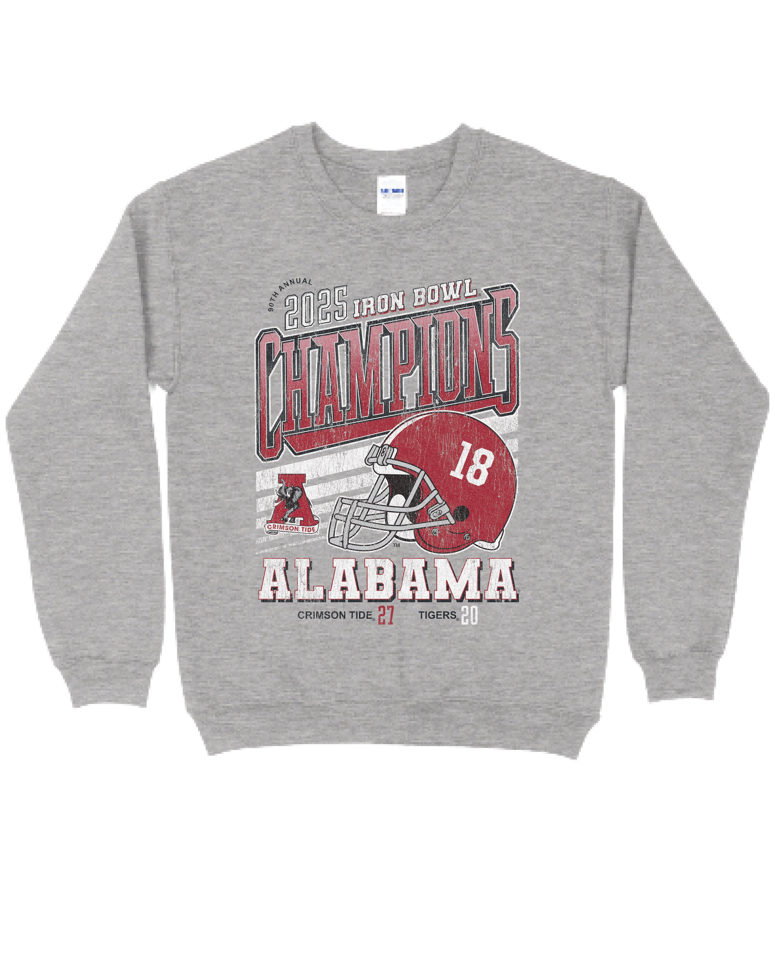 University of Alabama Grey with an elephant holding the state flag in a stadium under the text “Alabama” and above the text “90th Annual Iron Bowl Champions”