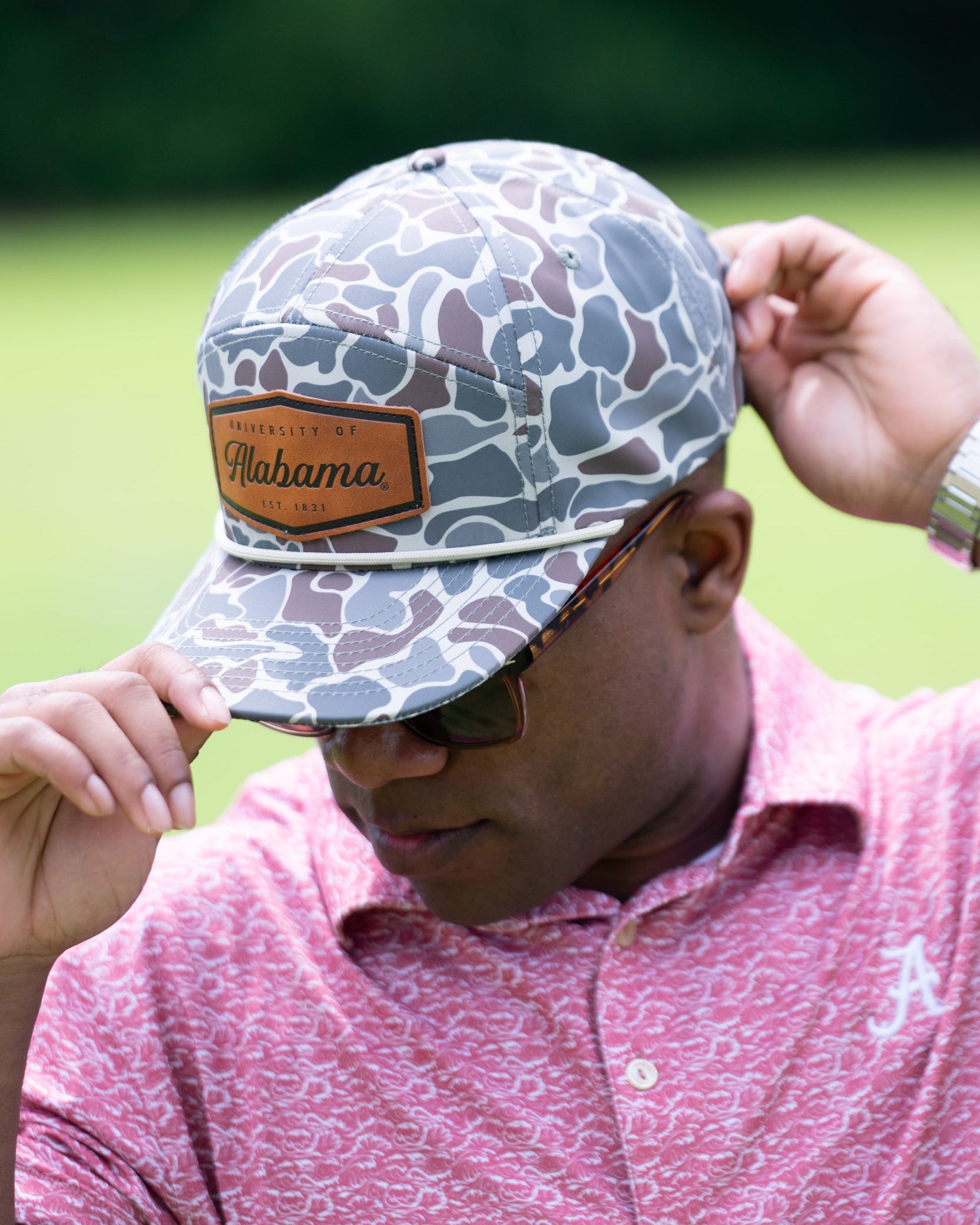 University of Alabama Alabama Leather Patch Hat Duck Camo JNJ 7-Panel Hat with White rope and Leather patch with text "University of Alabama"