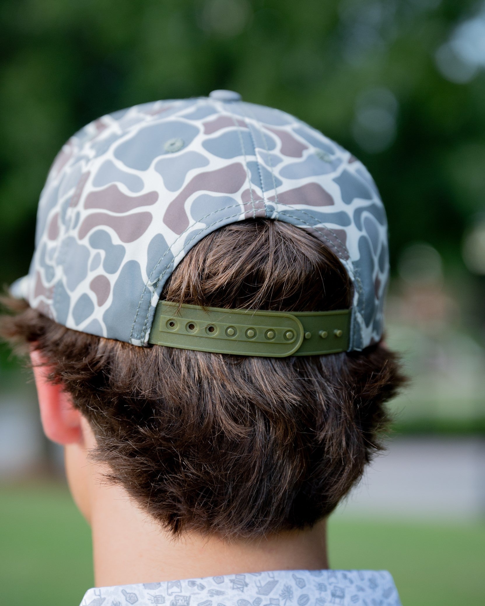 University of Alabama Alabama Leather Patch Hat Duck Camo JNJ 7-Panel Hat with White rope and Leather patch with text "University of Alabama"