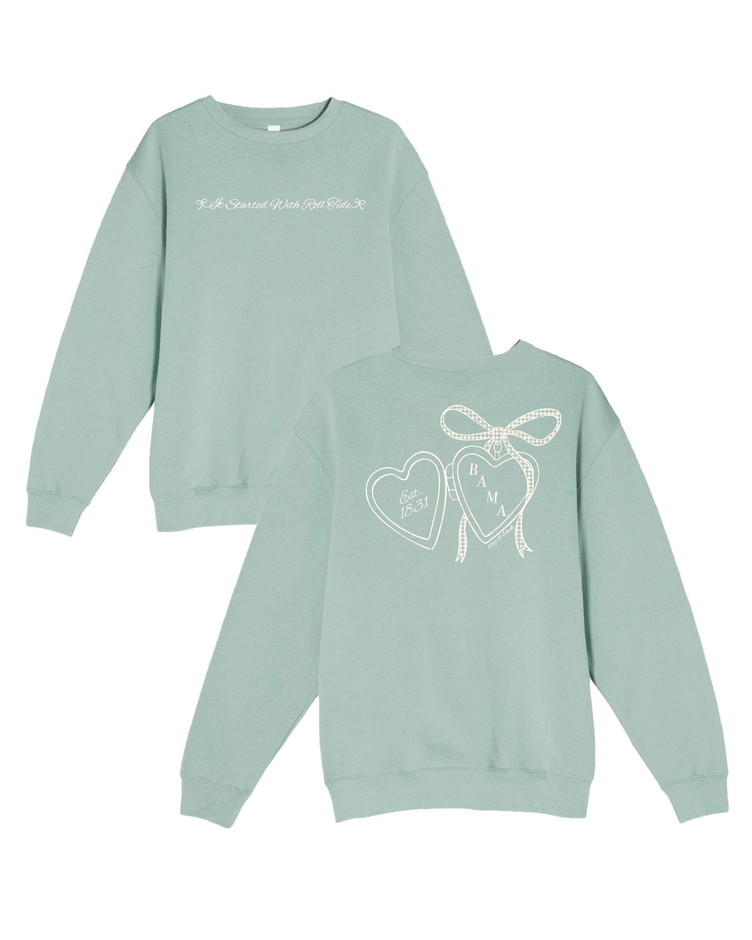 University of Alabama Seafoam Crewneck with cursive writing on the front and an open locket with the writing “Bama” inside