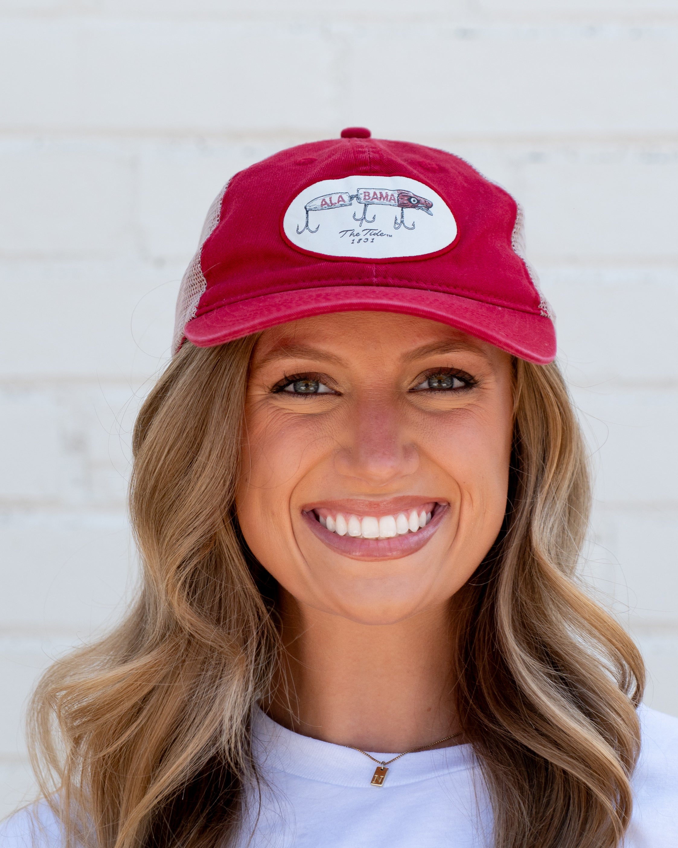 University of Alabama Red Hat Featuring a patch with an image of a fishing lure with Red text "Alabama"