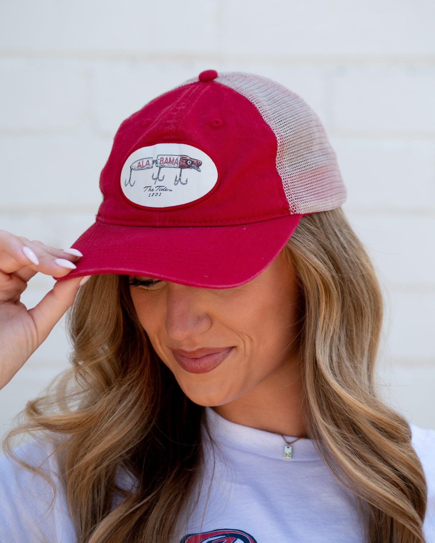 University of Alabama Red Hat Featuring a patch with an image of a fishing lure with Red text "Alabama"
