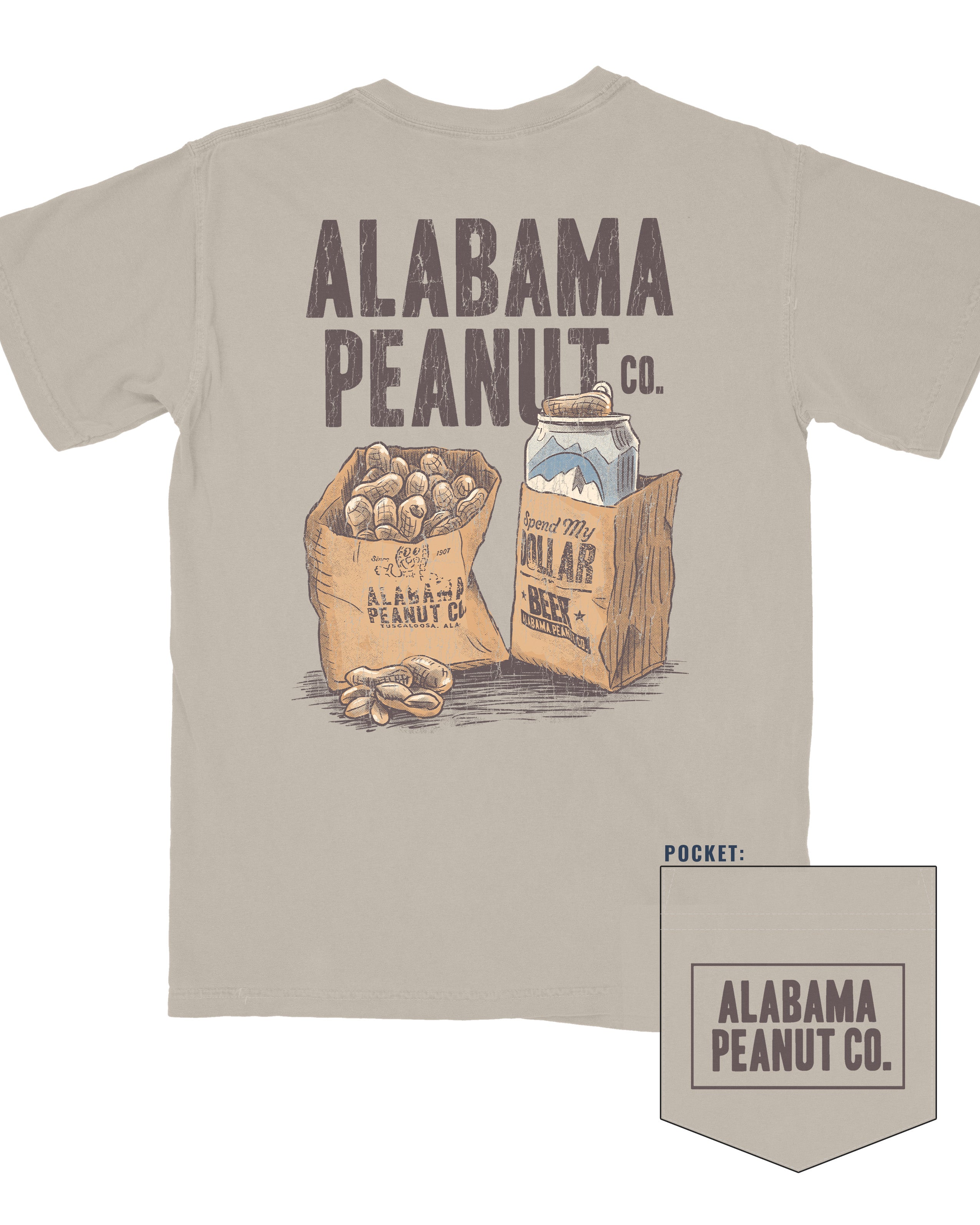 Alabama Peanut Co. Brown T-Shirt with an image of a bag of peanuts next to a beer can in a bag