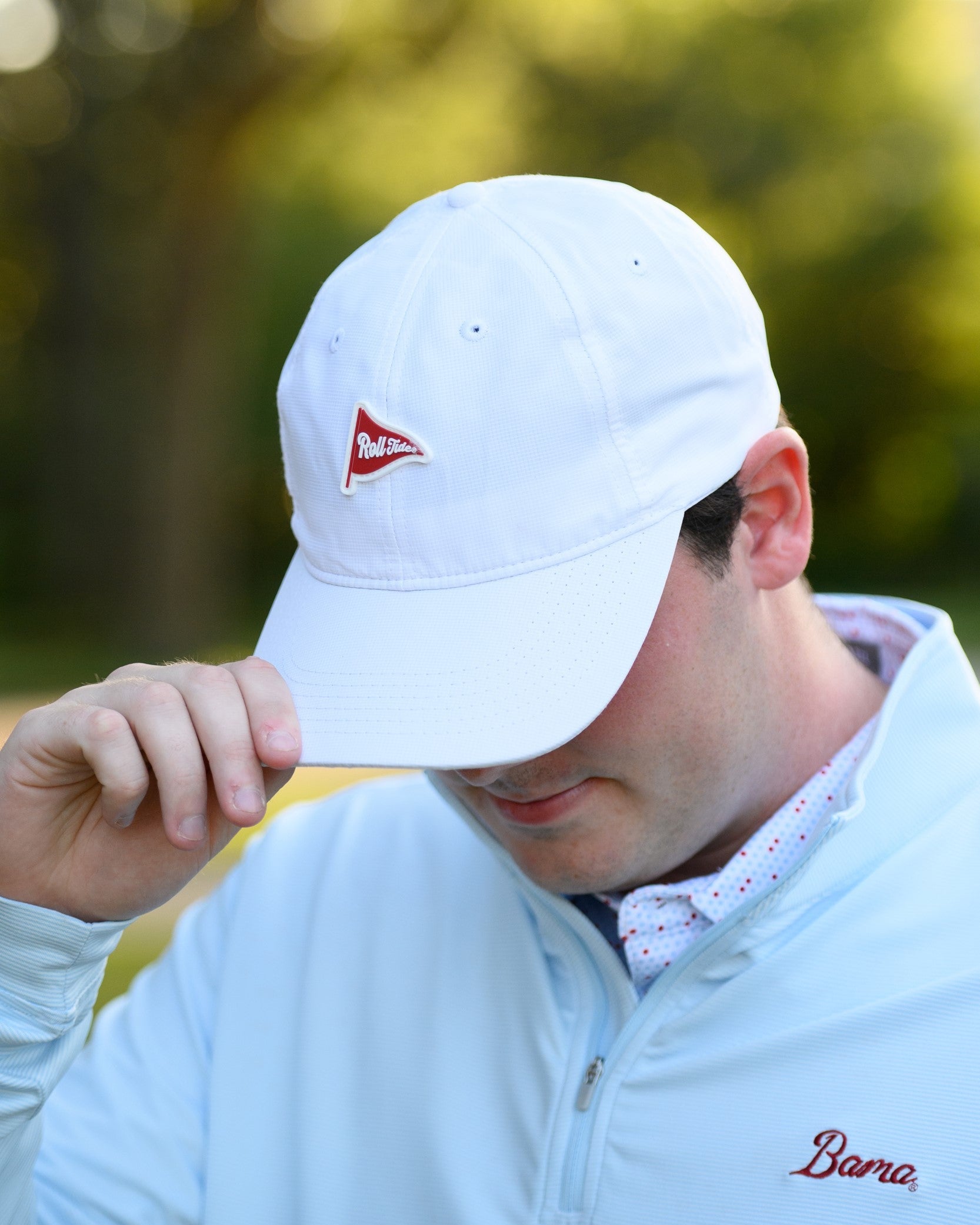 University of Alabama Alabama Performance Flag Hat White JNJ Fly Fit Hat with the embroidered image of a Red "Roll Tide" Flag
