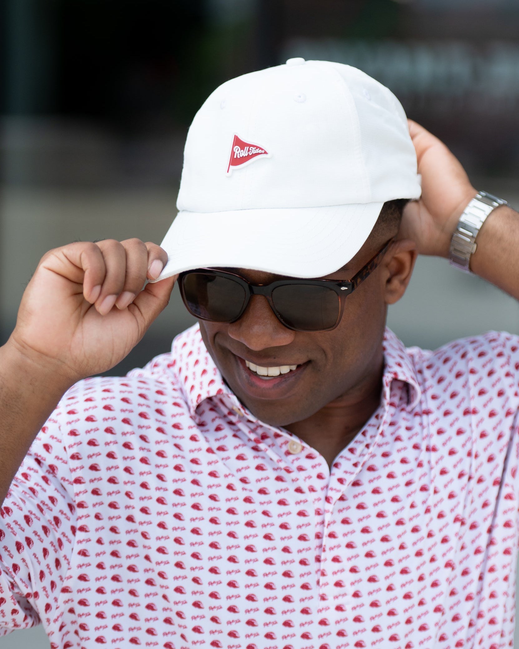 University of Alabama Alabama Performance Flag Hat White JNJ Fly Fit Hat with the embroidered image of a Red "Roll Tide" Flag