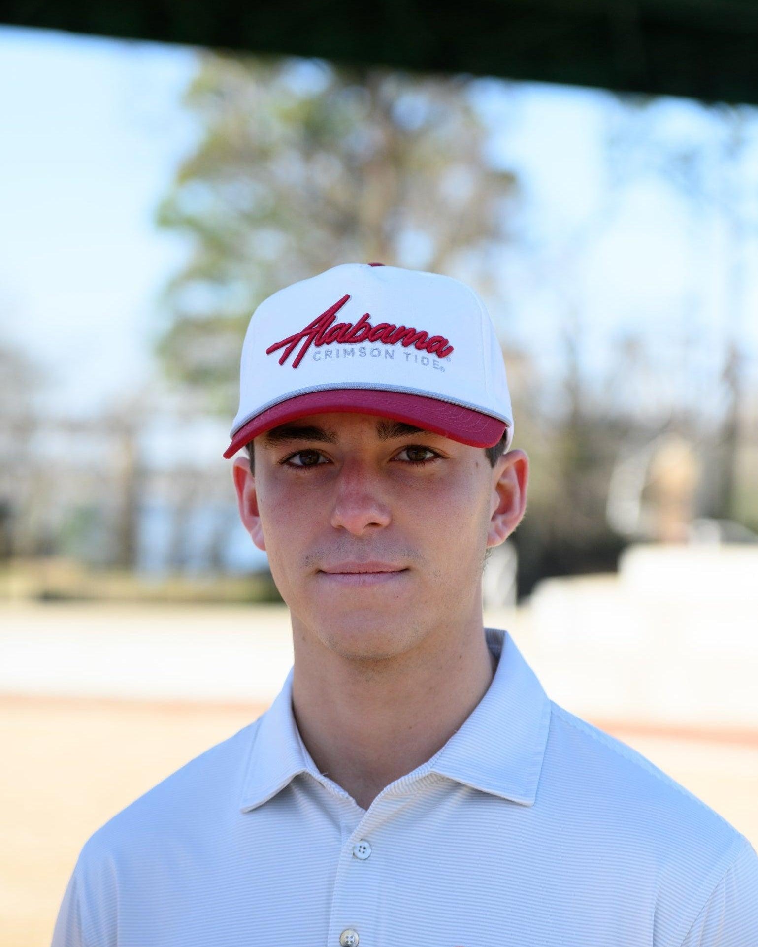 University of Alabama White and Red Hat with Red “Alabama” embroidery and Light Grey text “Crimson Tide”