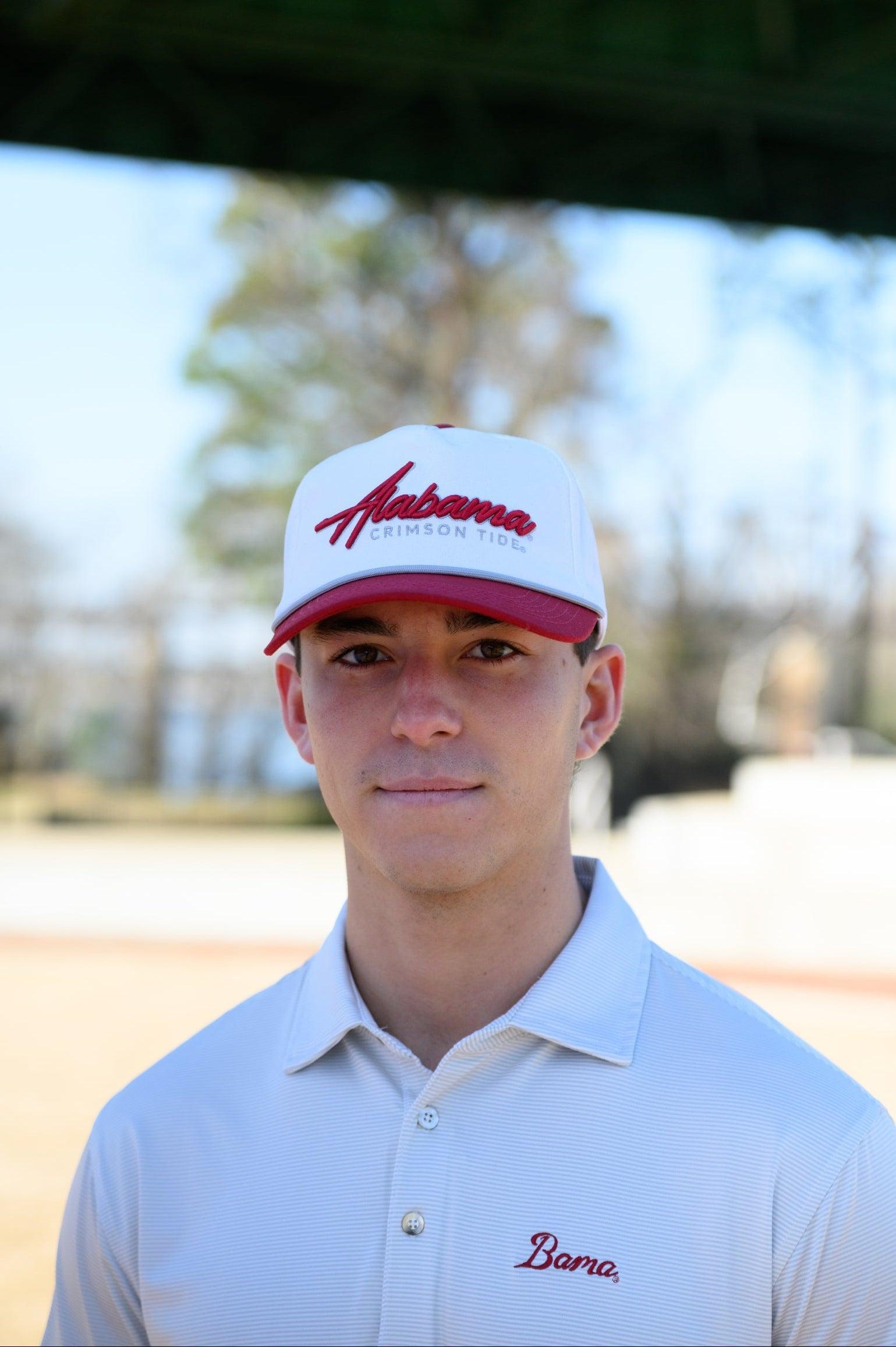 University of Alabama White and Red Hat with Red “Alabama” embroidery and Light Grey text “Crimson Tide”