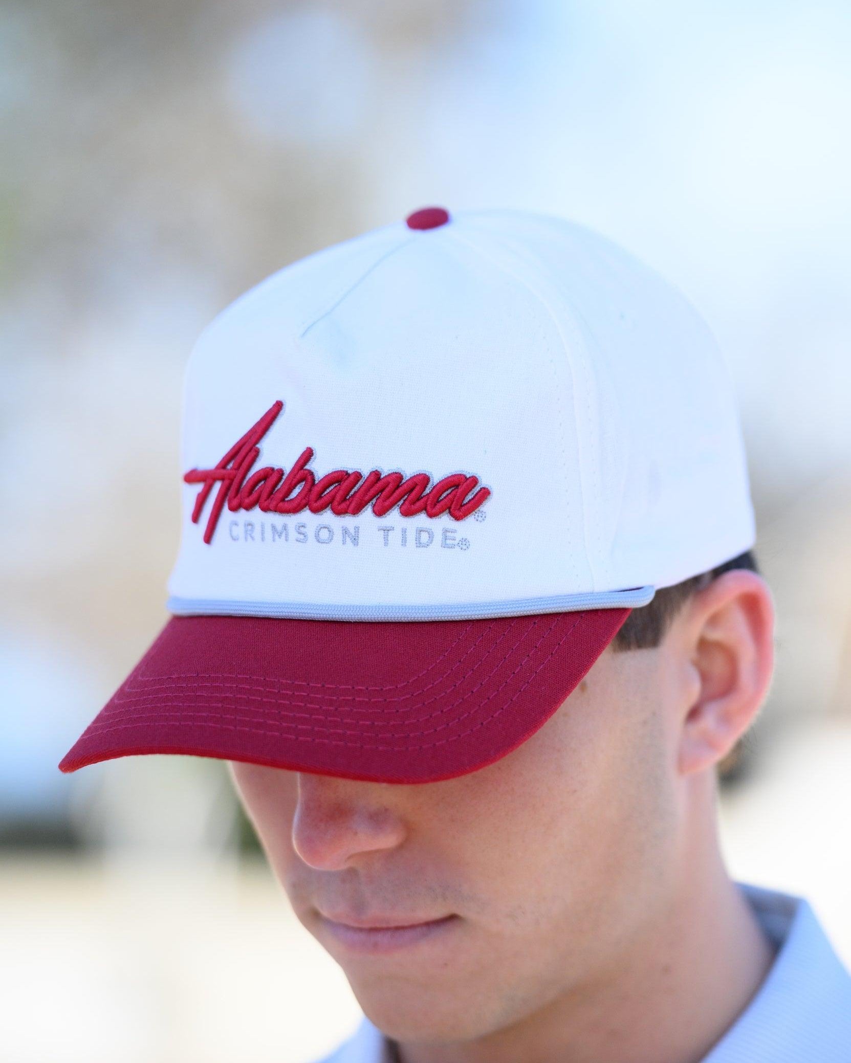 University of Alabama White and Red Hat with Red “Alabama” embroidery and Light Grey text “Crimson Tide”